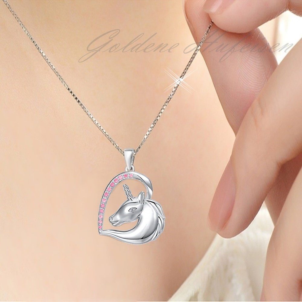 Goldene Hufeisen Kette mit Anhänger Mädchen Kinder Kette Einhorn Pferd aus 925 Silber Herz Zirkonia (Set Schmuckset, inkl. Etui), Rhodiniert