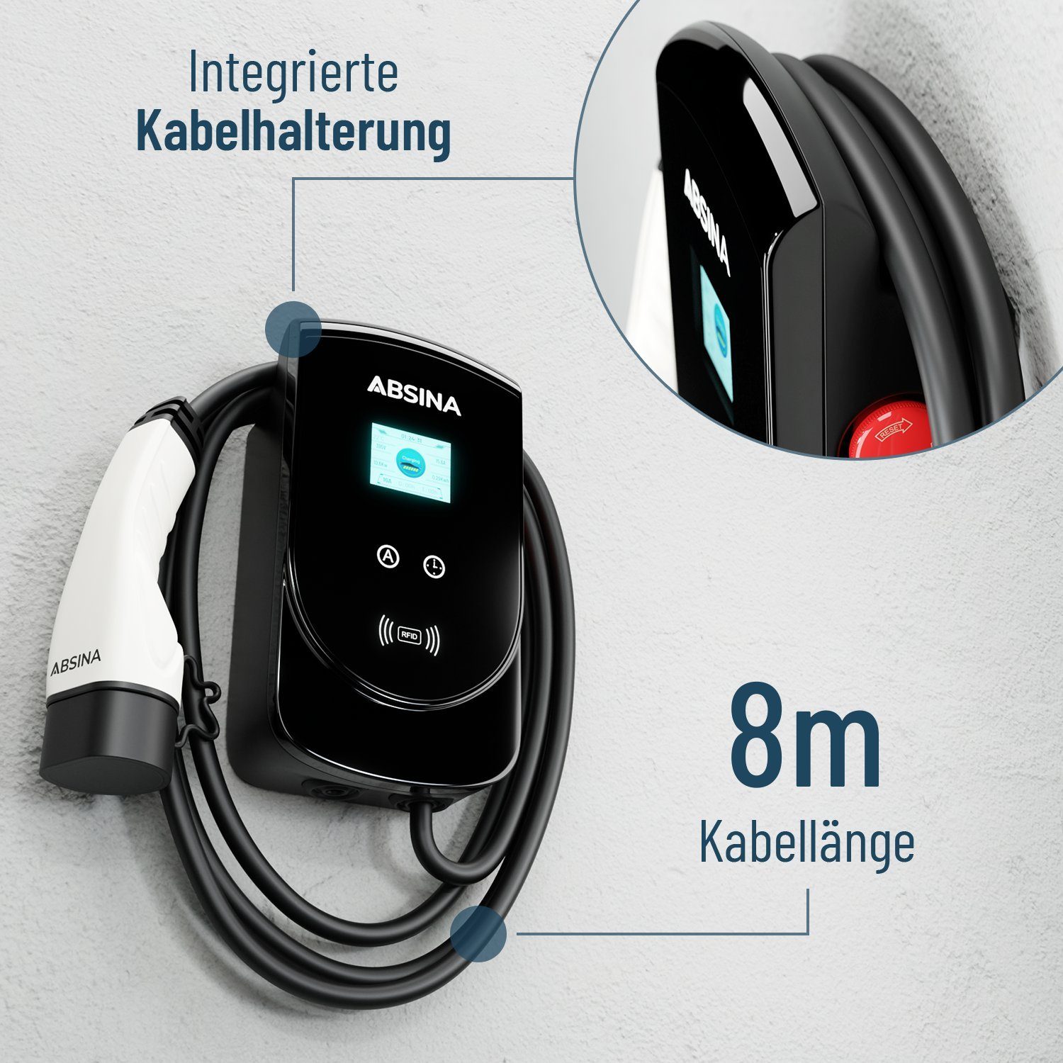 ABSINA Elektroauto-Ladestation Wallbox 11kW mit Typ 2 Ladekabel 8m - Elektroauto Ladestation bis 16A