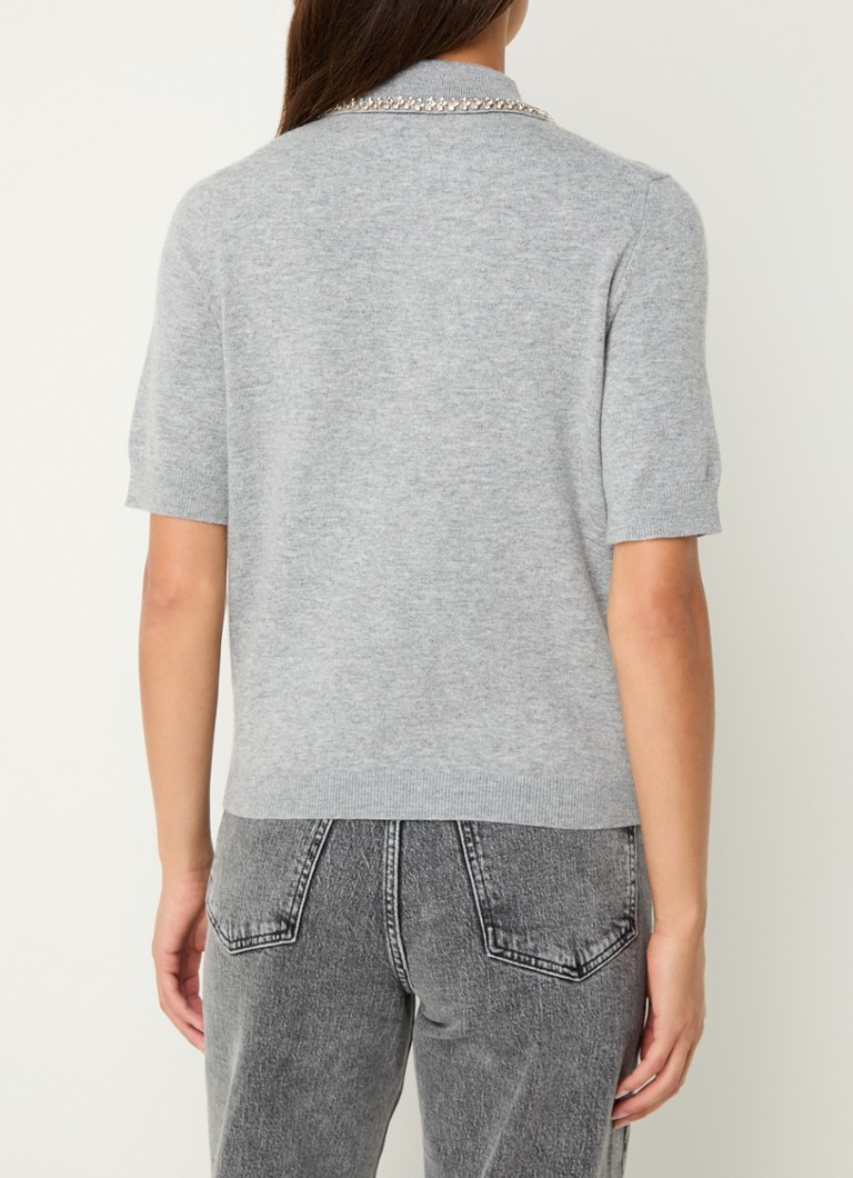 Maje Fine-knit top in cashmere blend with polo collar and rhinestones