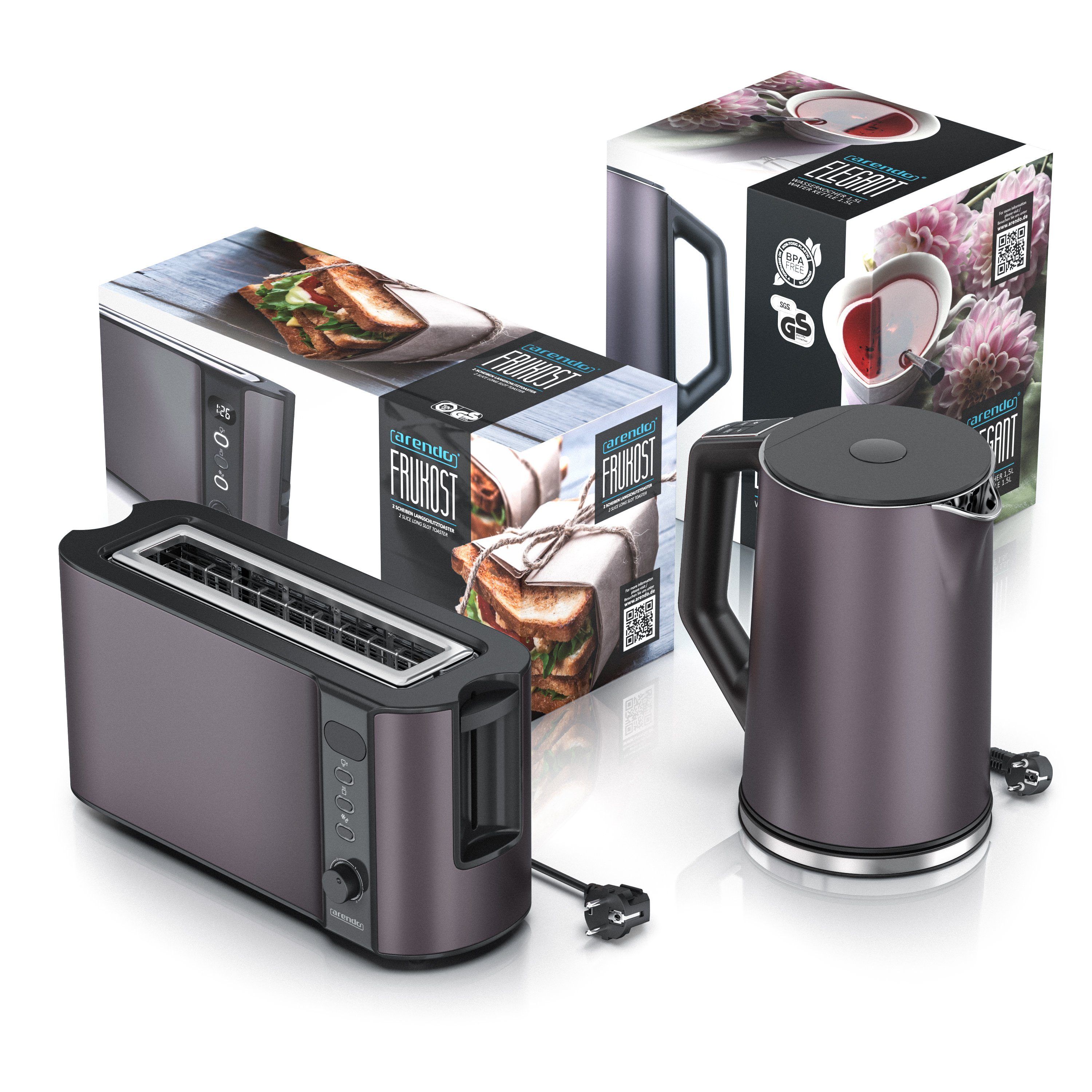 Arendo Frühstücks-Set (2-tlg), Edelstahl Wasserkocher 1,5l, 2-Scheiben Langschlitz Toaster, Grau