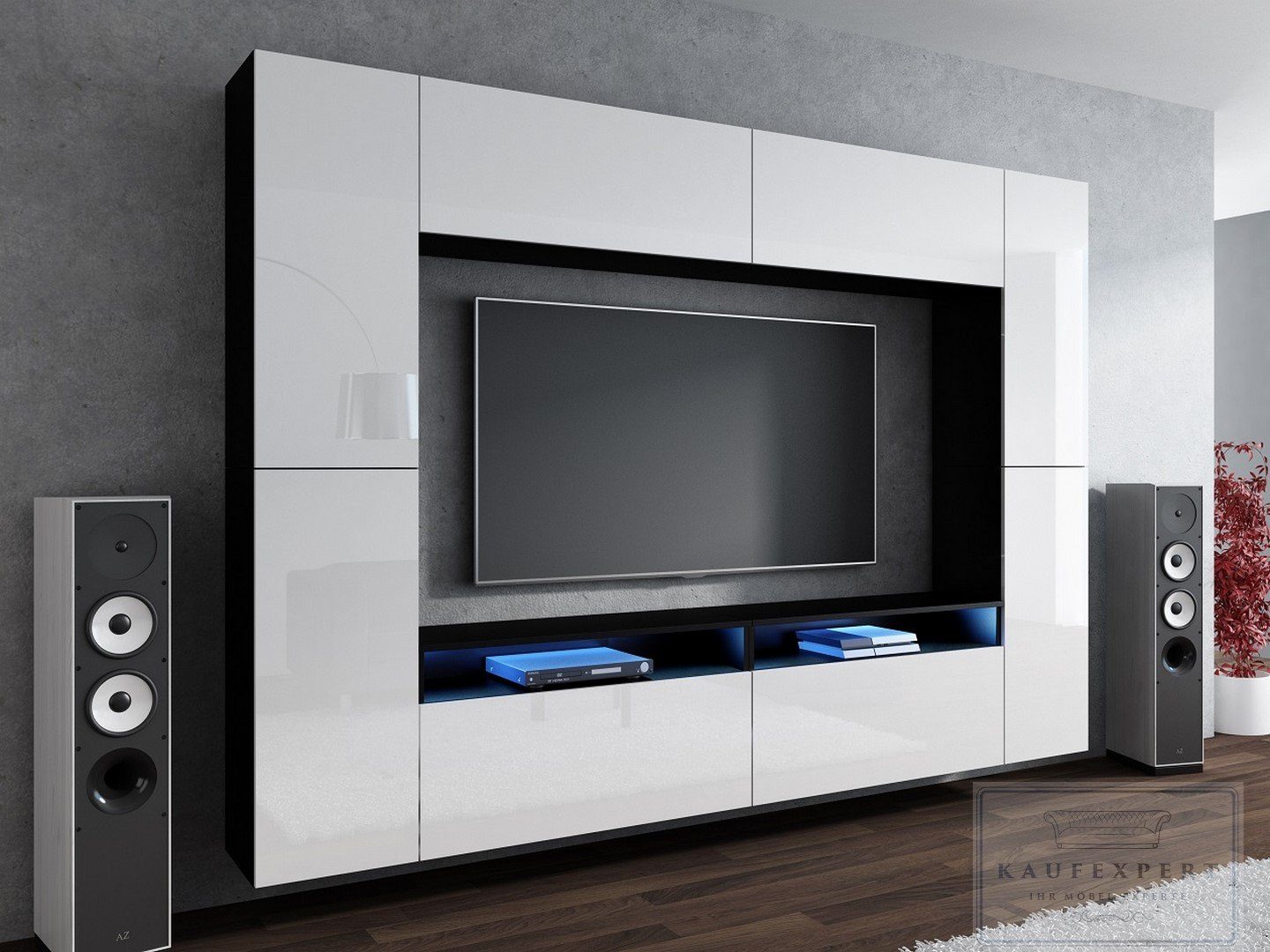 kaufexpert Wohnwand Wohnwand Cinema Weiß Hochglanz/Schwarz Mediawand LED
