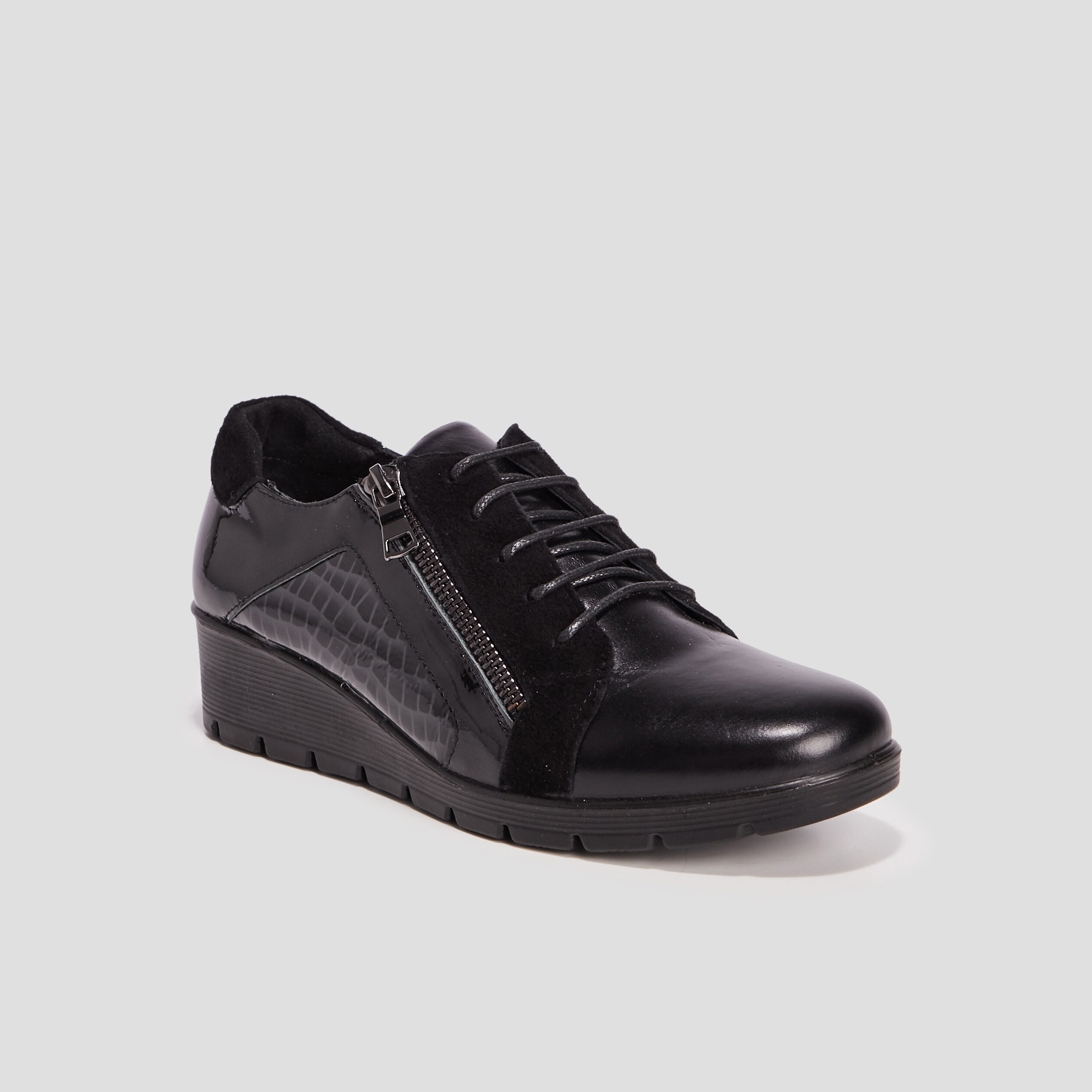 Derbies en cuir compensées pied large noir femme | La Halle