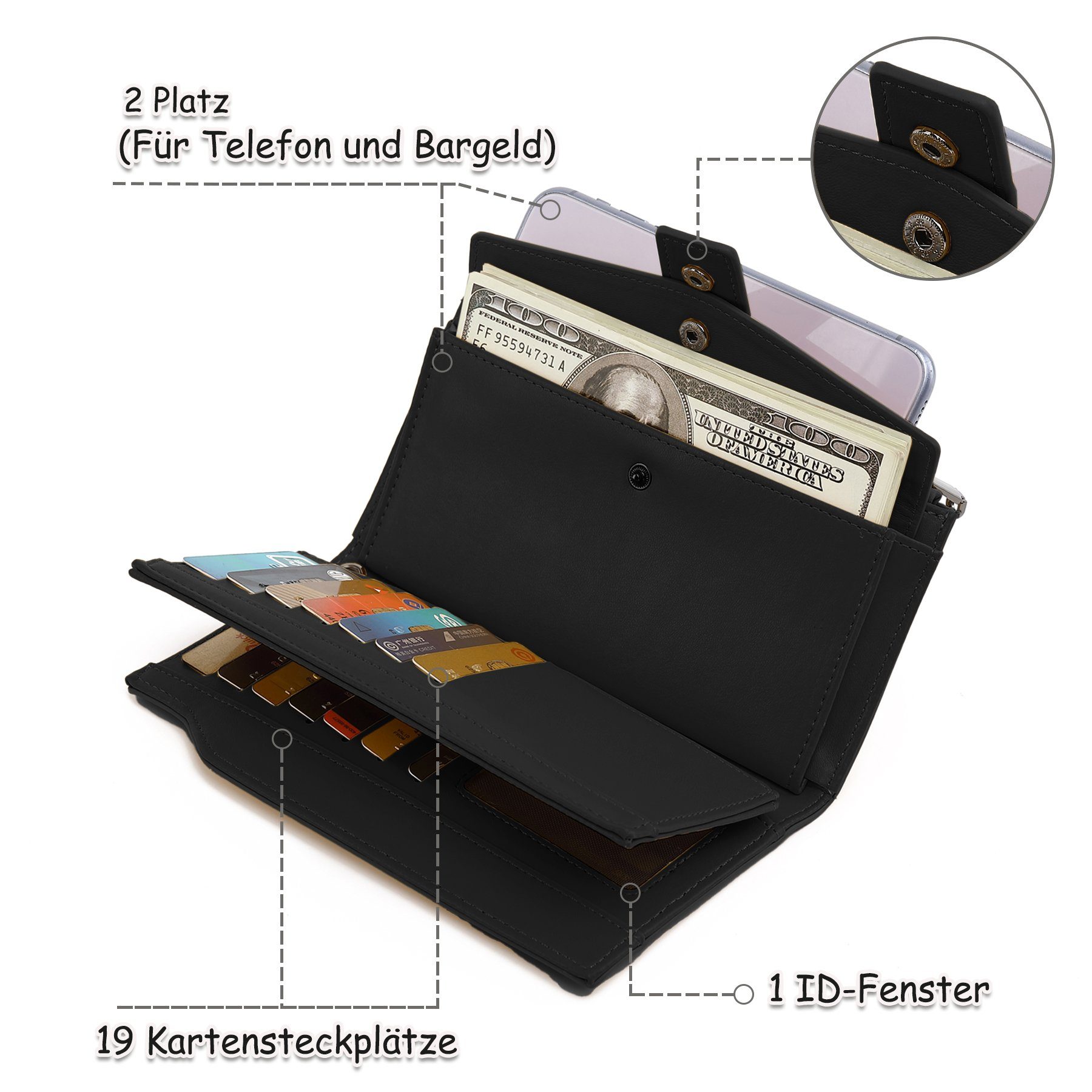TAN.TOMI Brieftasche Geldbeutel Damen Geldbörse große Portemonnaie lange Brieftasche, mit Lanyard elegant, Steckplätze mit mehreren Kreditkarten