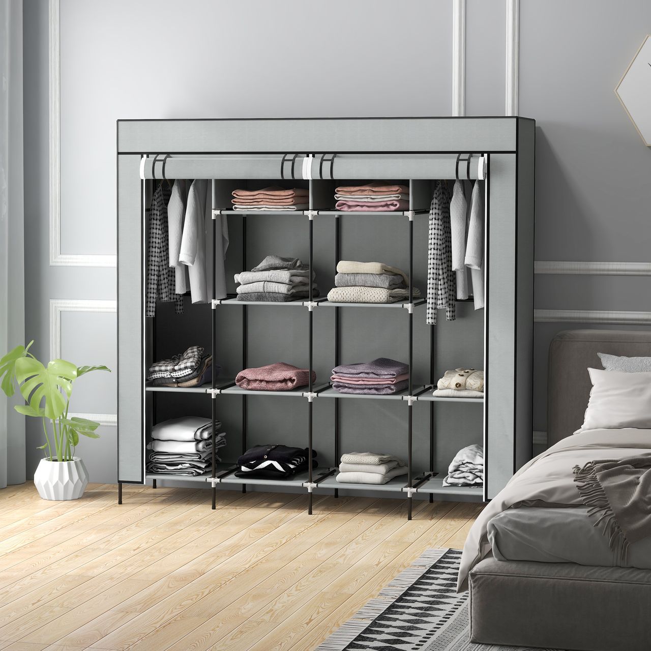 HOMCOM Stoffschrank Kleiderschrank mit Kleiderstange, 10 Fächern, 4 Schubladen