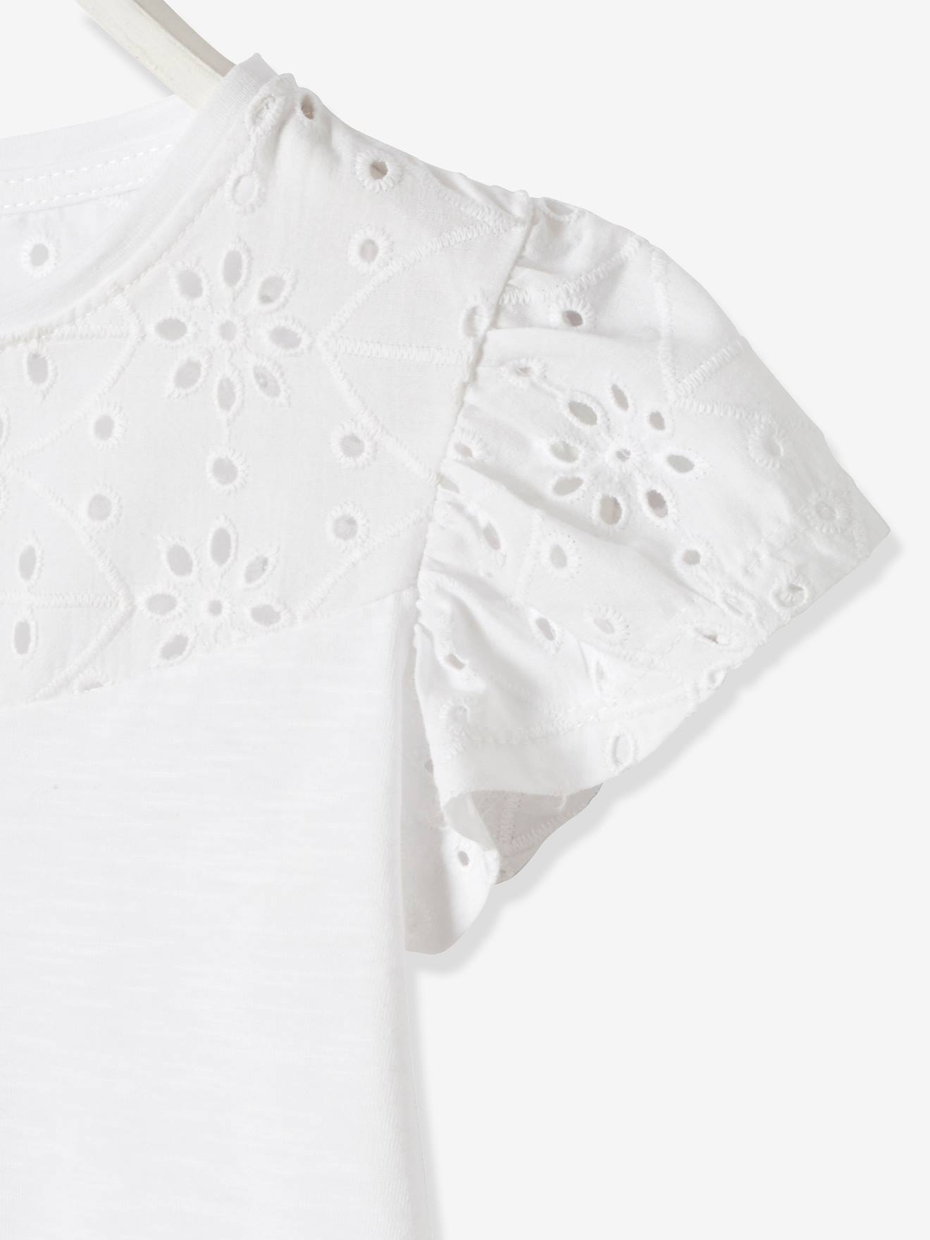Vertbaudet Mädchen T-Shirt mit Volantärmeln und Lochstickerei Oeko-Tex - dunkelrosa