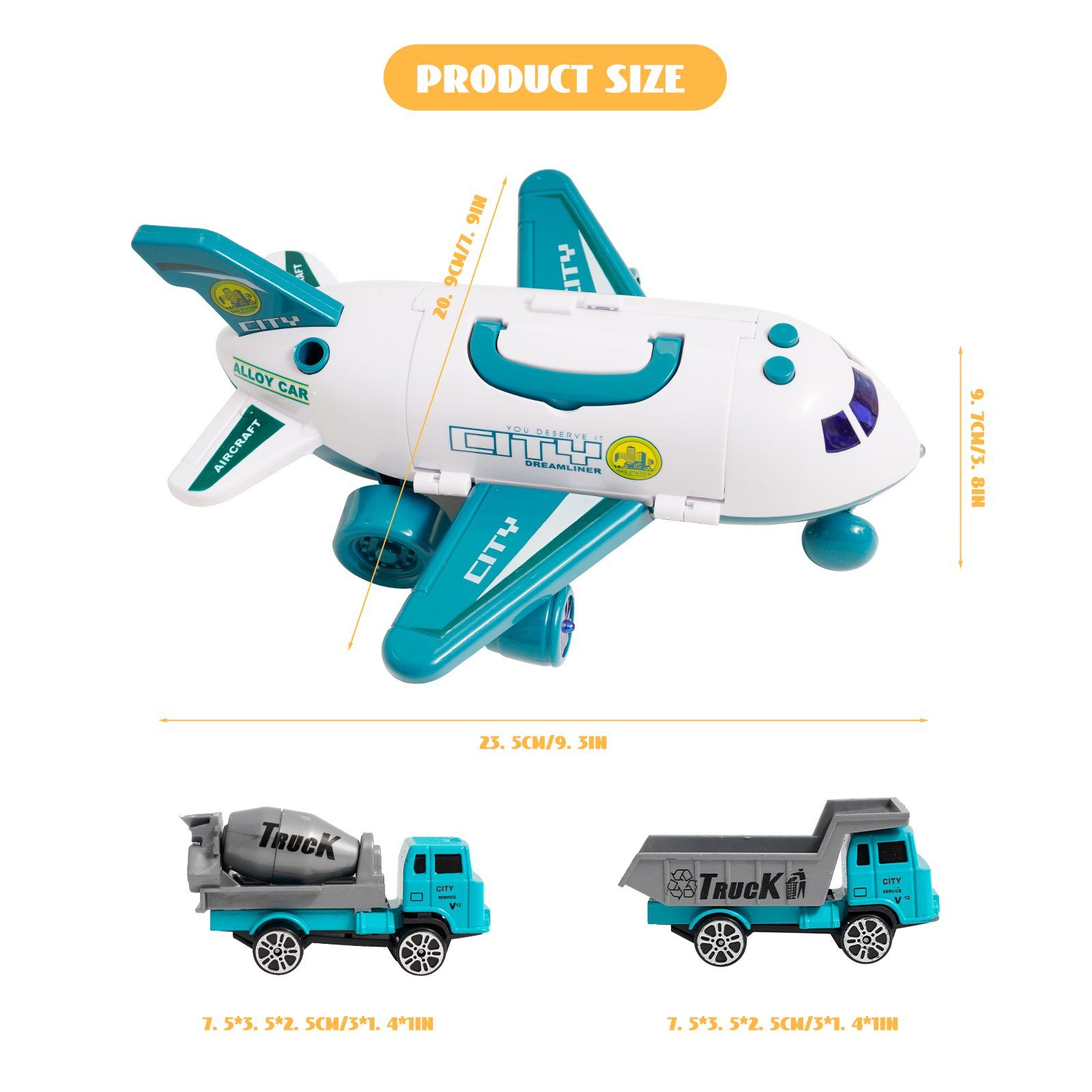 BeebeeRun Spielzeug-Flugzeug, (Transportflugzeug mit simuliertem Abgas-Effekt - Sprüheffekt mit Wasseraufnahme & 2 Lastwagen)
