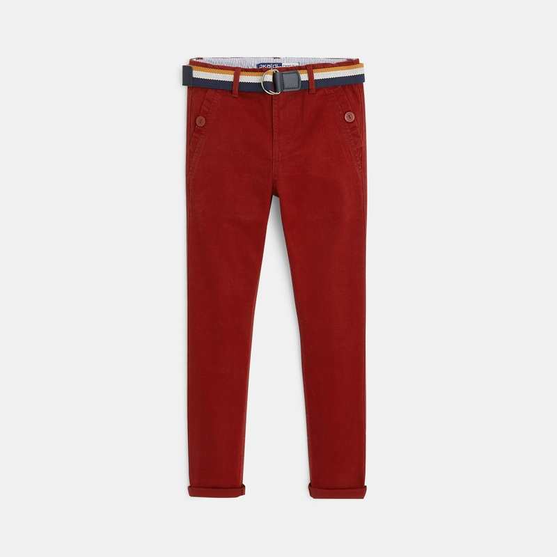 Pantalon chino slim ceinturé en toile unie rouge garçon