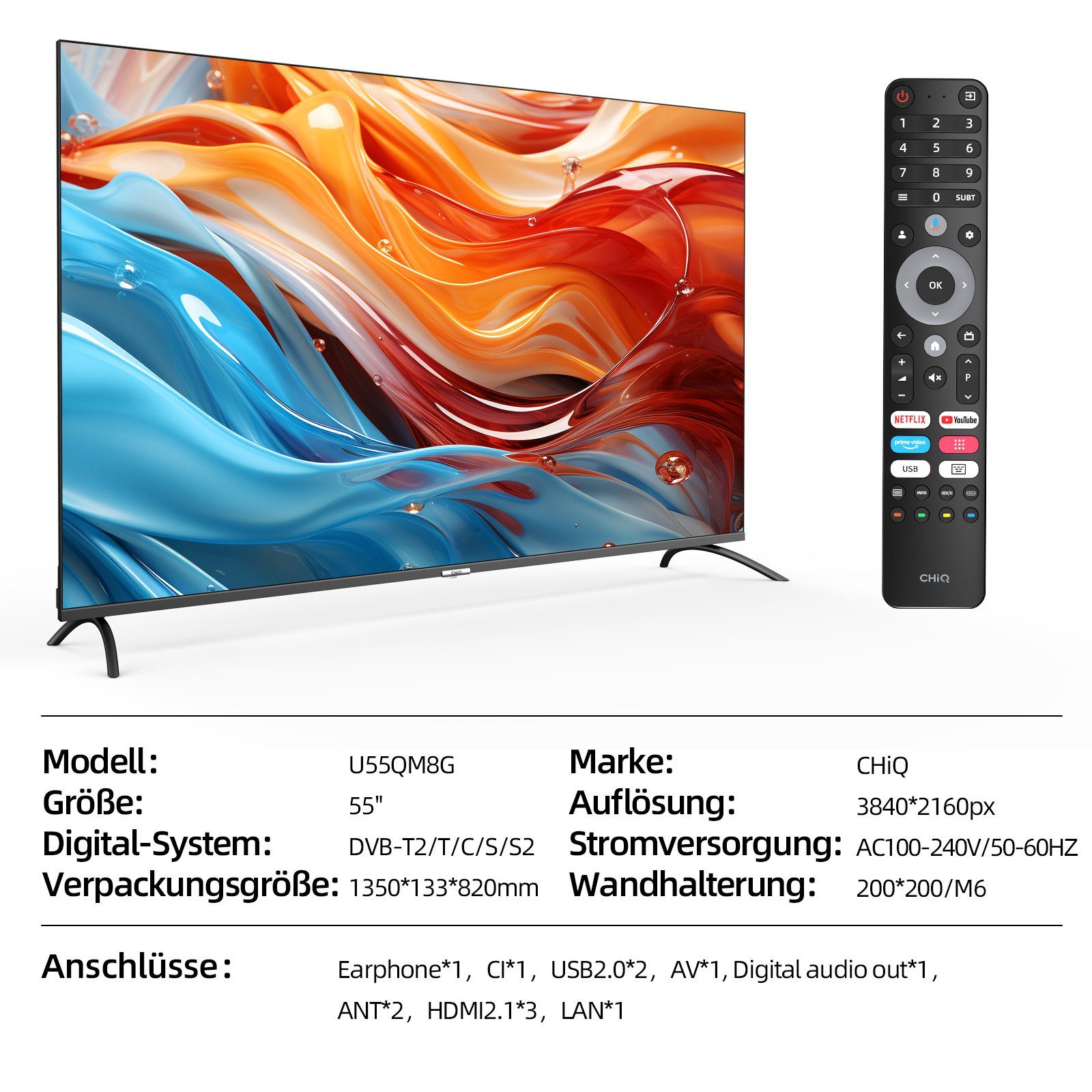 CHiQ U55QM8G QLED-Fernseher (139,00 cm/55 Zoll, 4K Ultra HD, Smart-TV, Google TV, WCG,Metall Rahmlos design, Google Assistant)