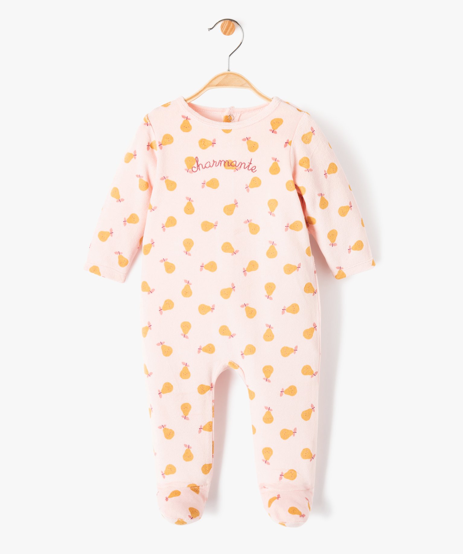 Pyjama bébé fille en velours imprimé poires et broderie rose | GEMO