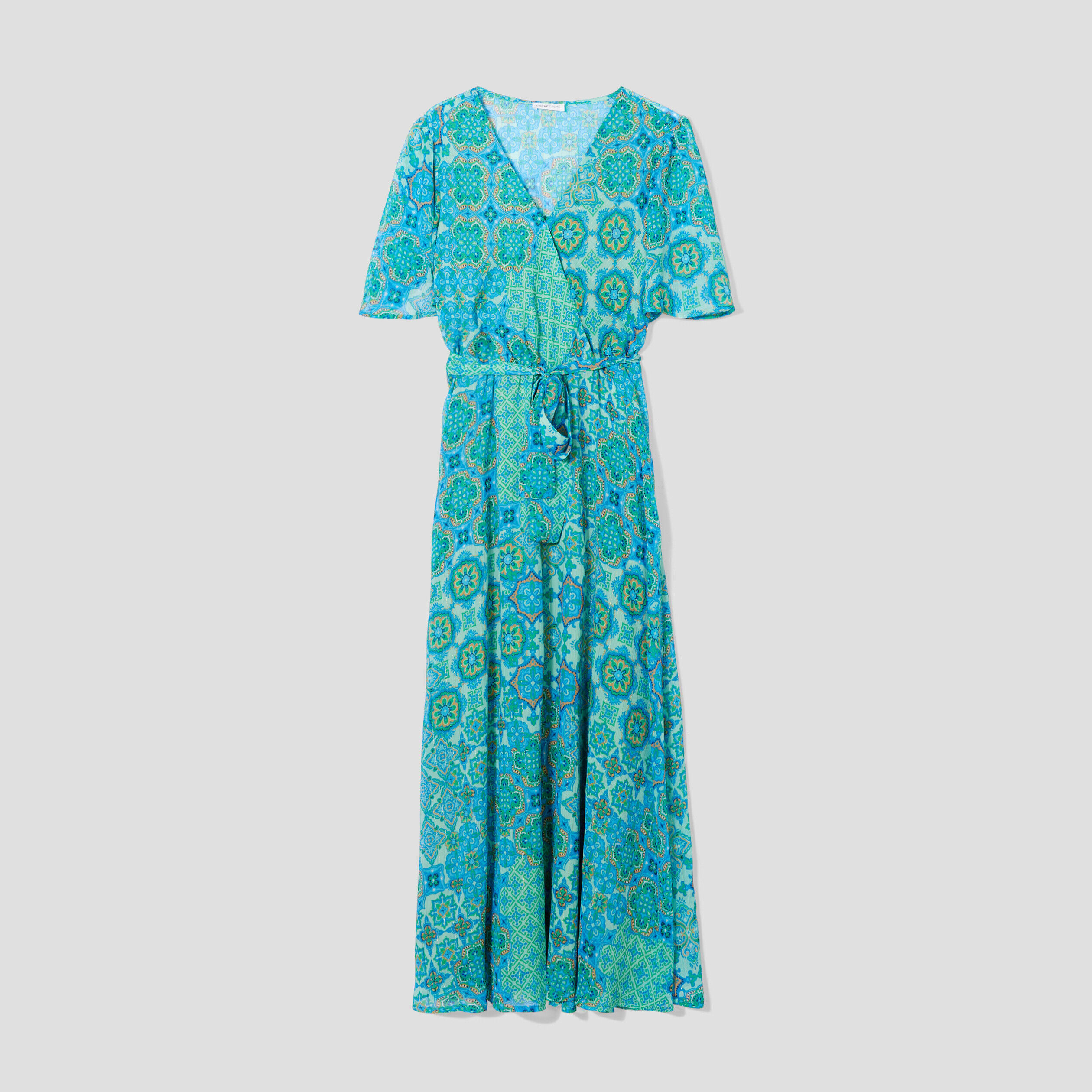 Robe longue évasée ceinturée vert femme | Cache Cache