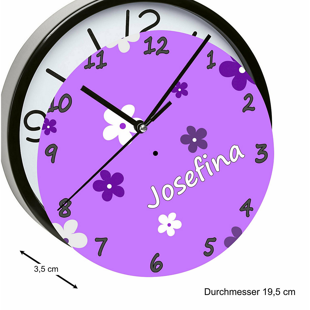 Kinder Wanduhr personalisiert mit Name Blumen Lila