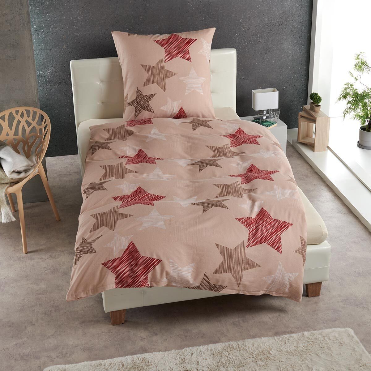Bettwäsche Sterne beige, TRAUMSCHLAF, Biber, 3 teilig, hochwertige Biber Qualität