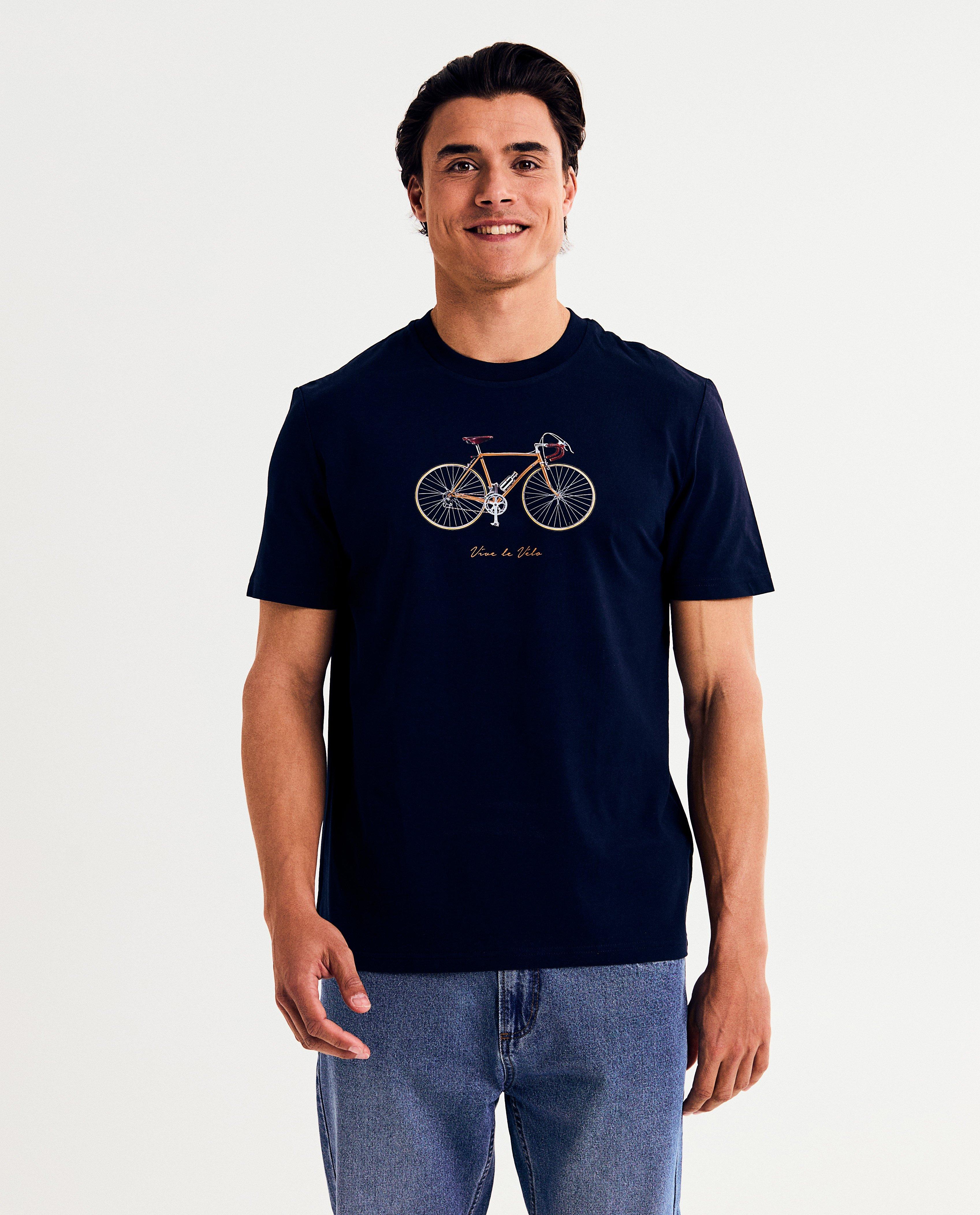 Tricou Vive le vélo cu imprimeu albastru închis