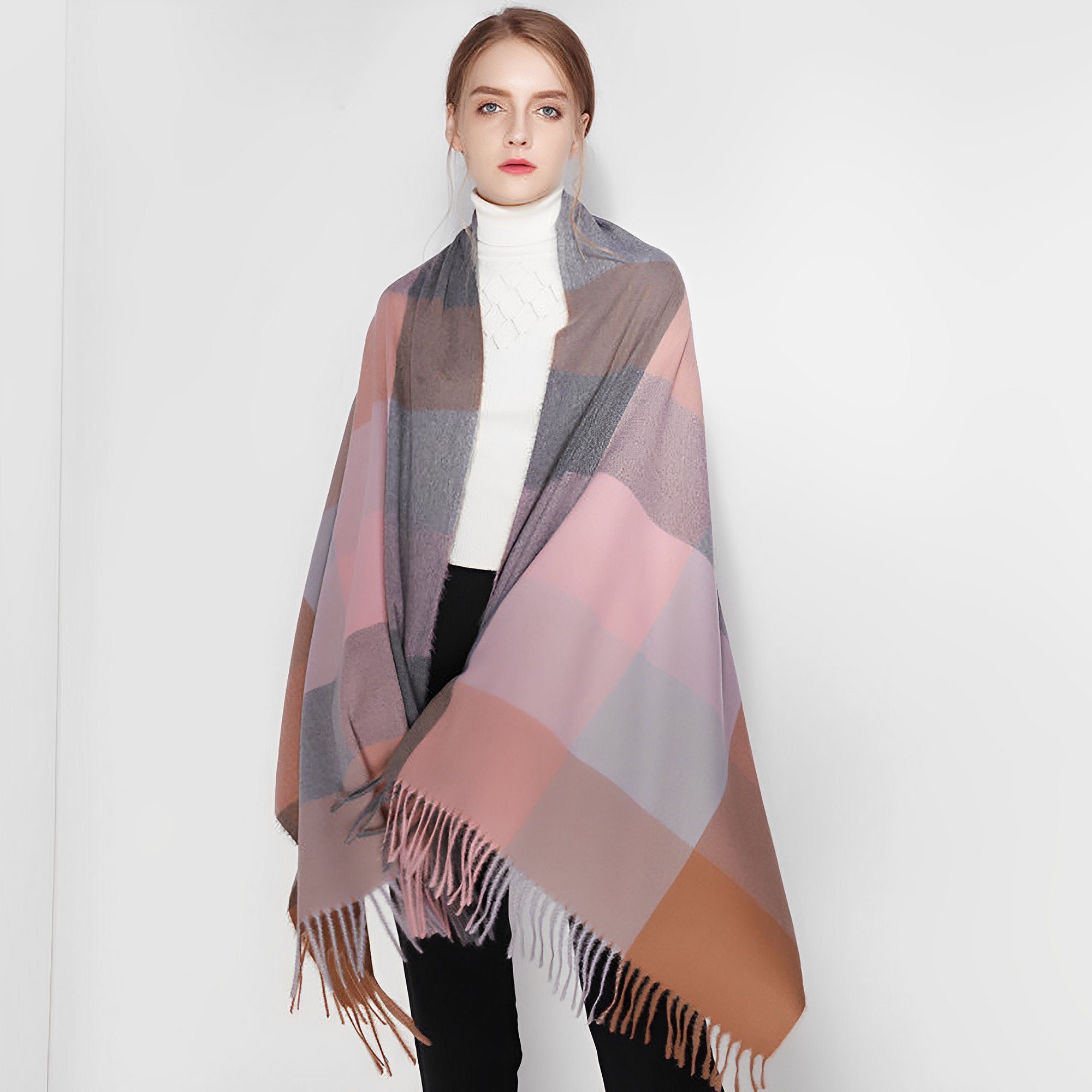 KUGI Wollschal Modeschal Warme Winter Schals XXL Schal Poncho Langer Damen Schal, (Quadratisch Deckenschal Karo Tartan Streifen Plaid Muster Fransen Weich Warm, XXL Oversized Herbstschal Poncho, Fashion Damen Winter Schal), Damen Schal - Kariert über