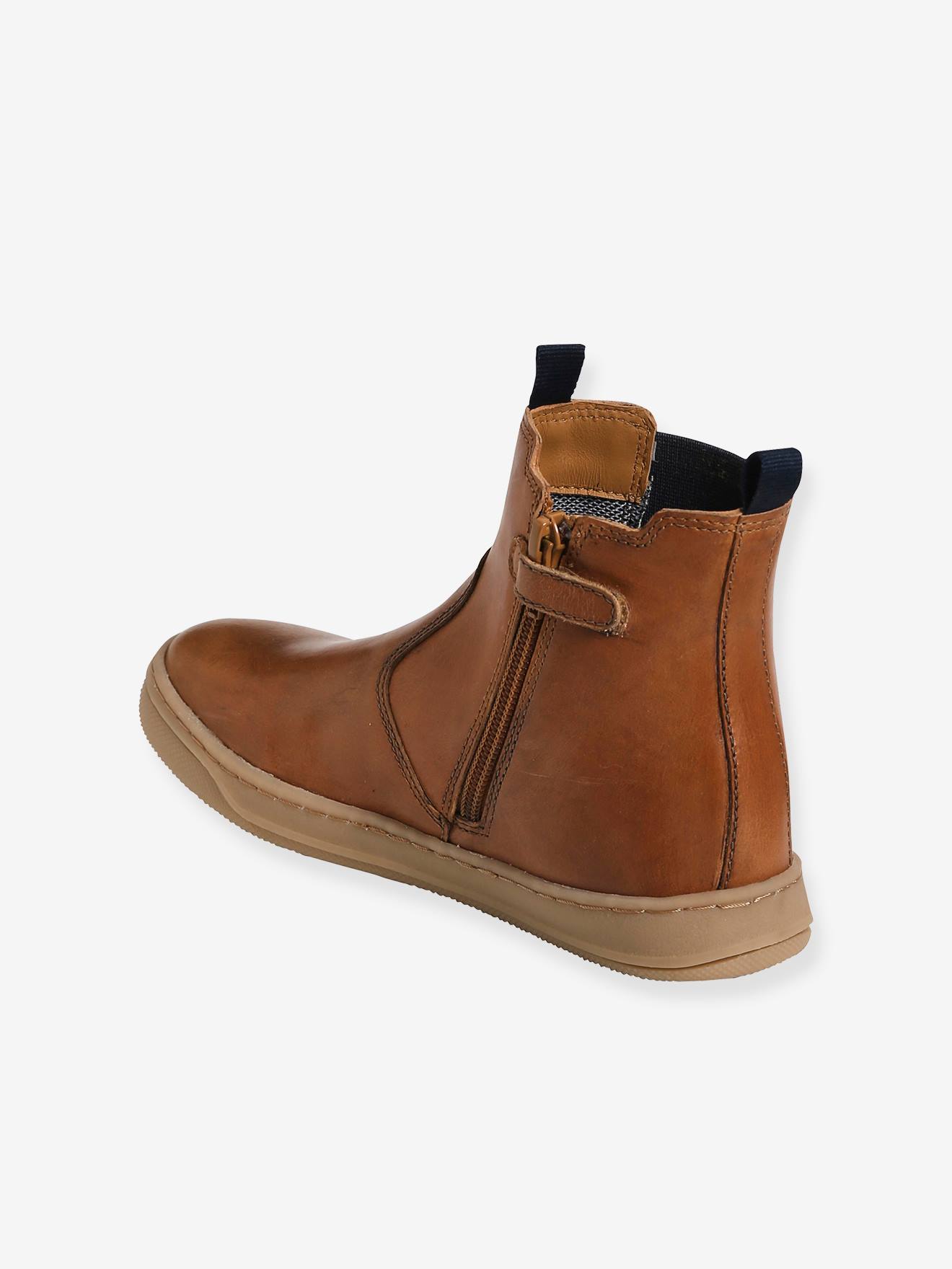 Boots cuir garçon zippés et élastiqués marron