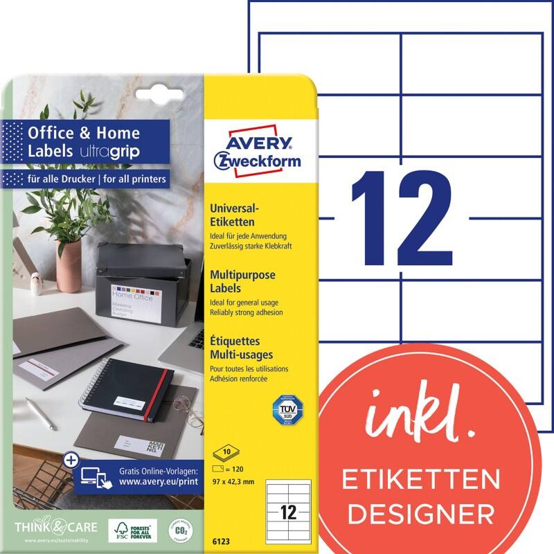 AVERY Zweckform Abziehhilfe QuickPEEL,ultragrip Universaletiketten 6123 Selbsthaftend DIN A4 Weiß 97 x 42,3 mm 10 Blatt à 12 Etiketten