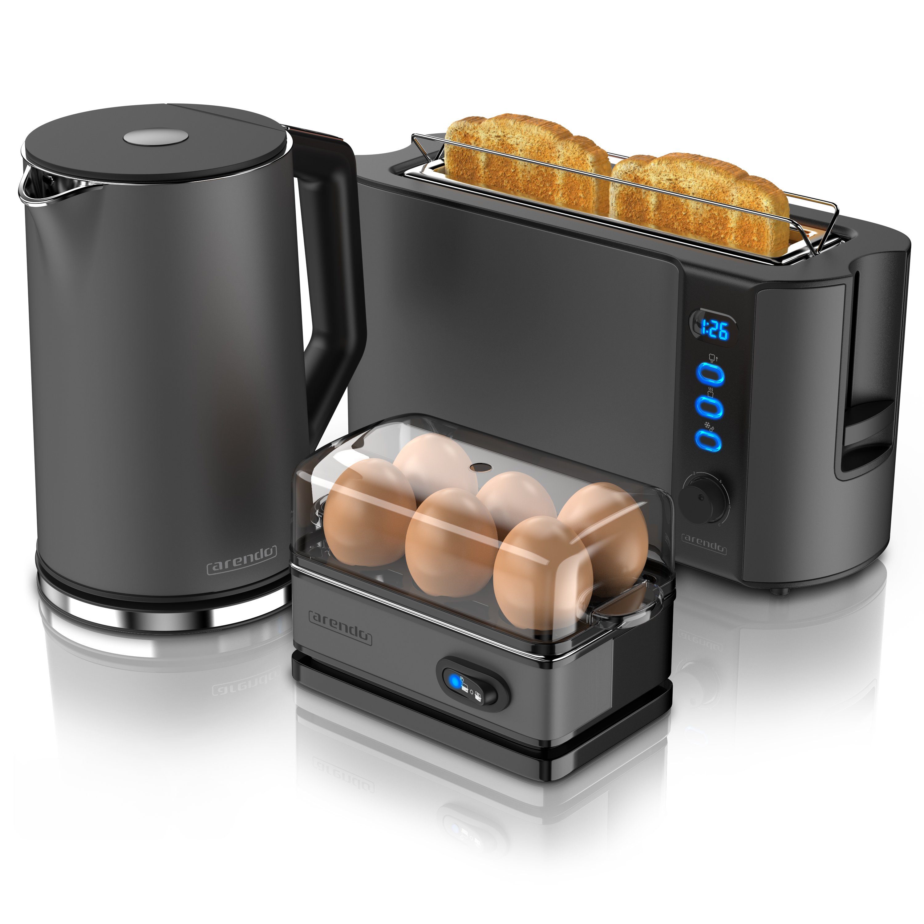 Arendo Frühstücks-Set (3-tlg), Wasserkocher 1,5l / Langschlitz Toaster / Eierkocher, Edelstahl, Grau