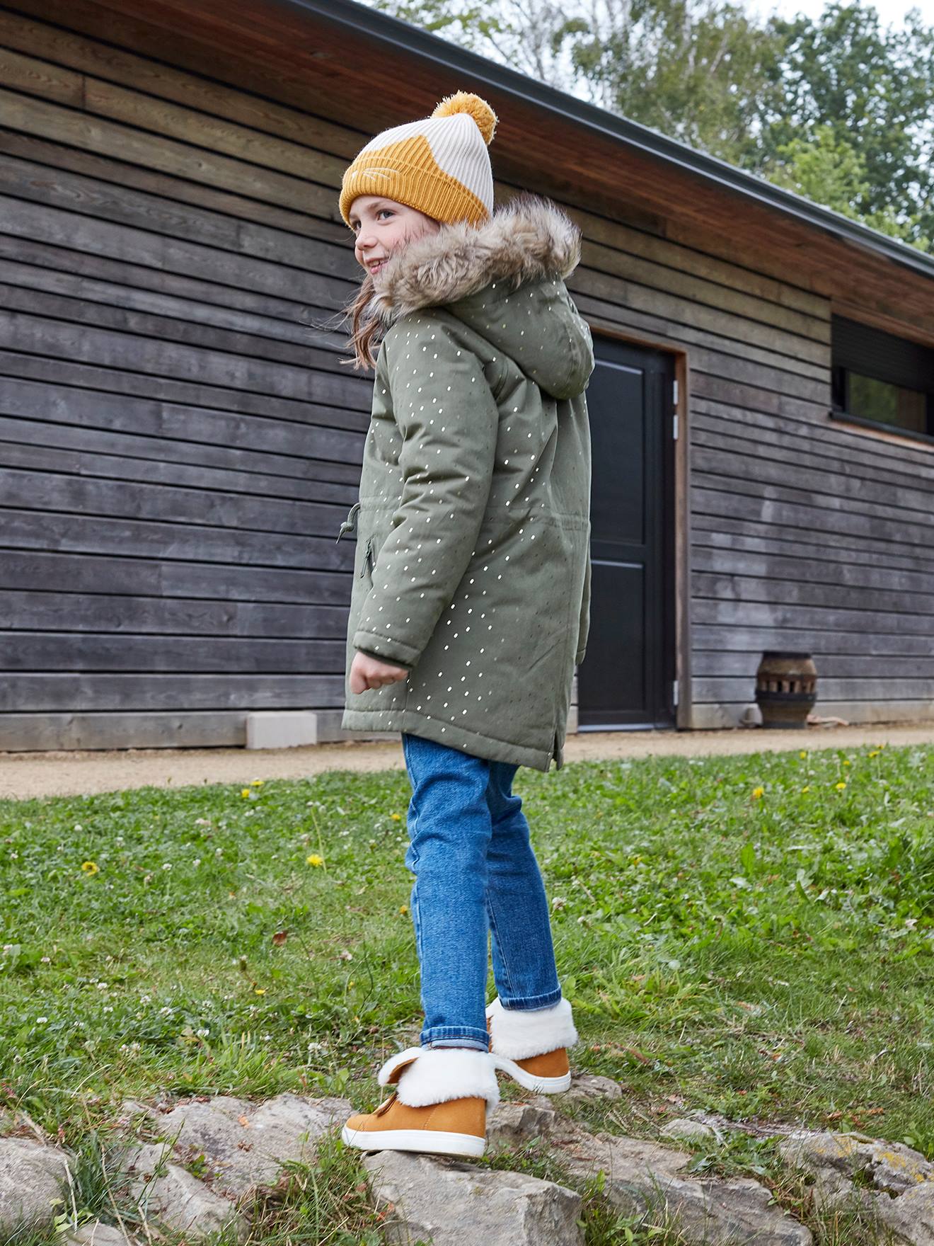 Parka à capuche à pois irisés fille vert clair