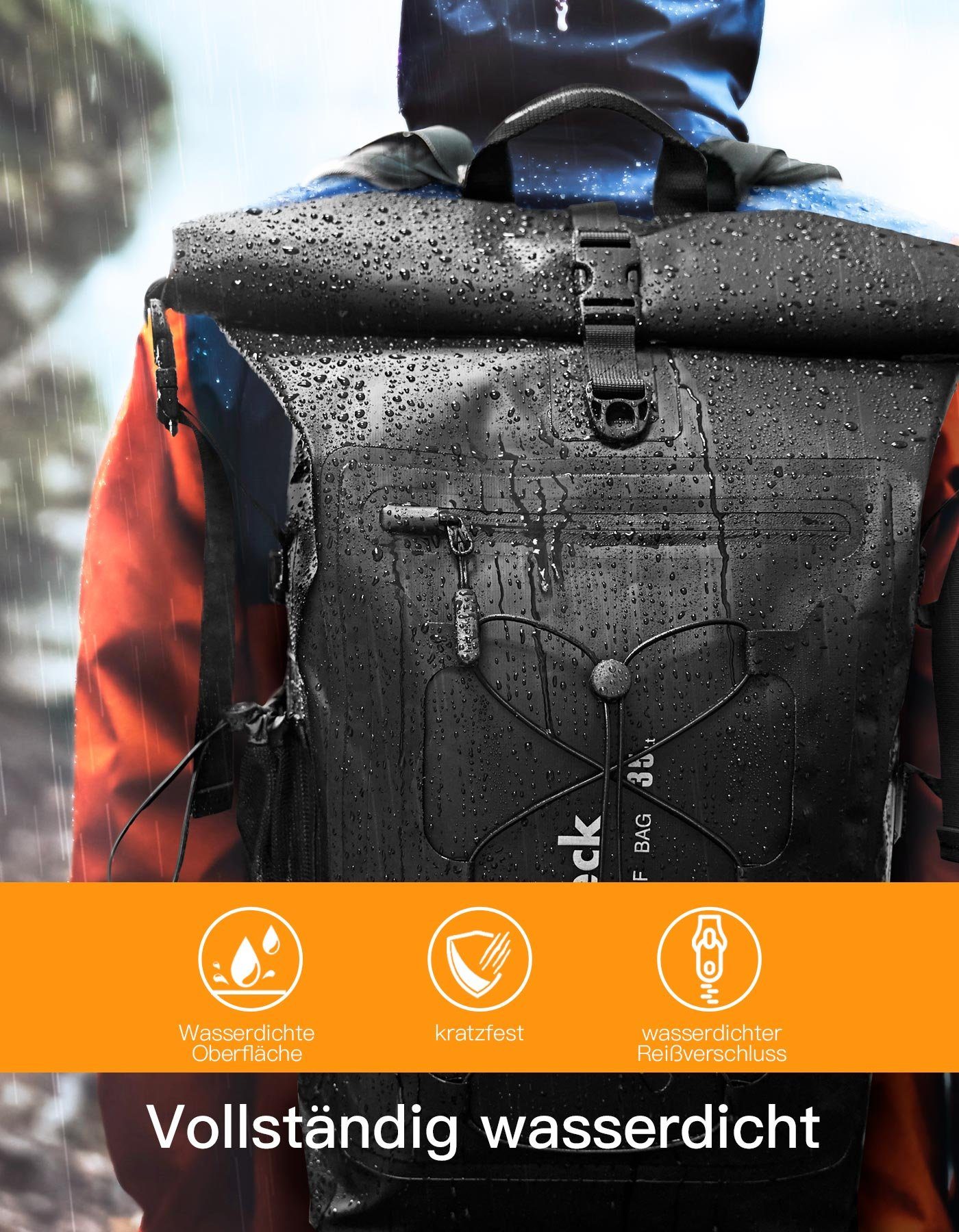 Inateck Fahrradrucksack RollTop Rucksack Herren 30-35L wasserdichter, mit Helmnetz