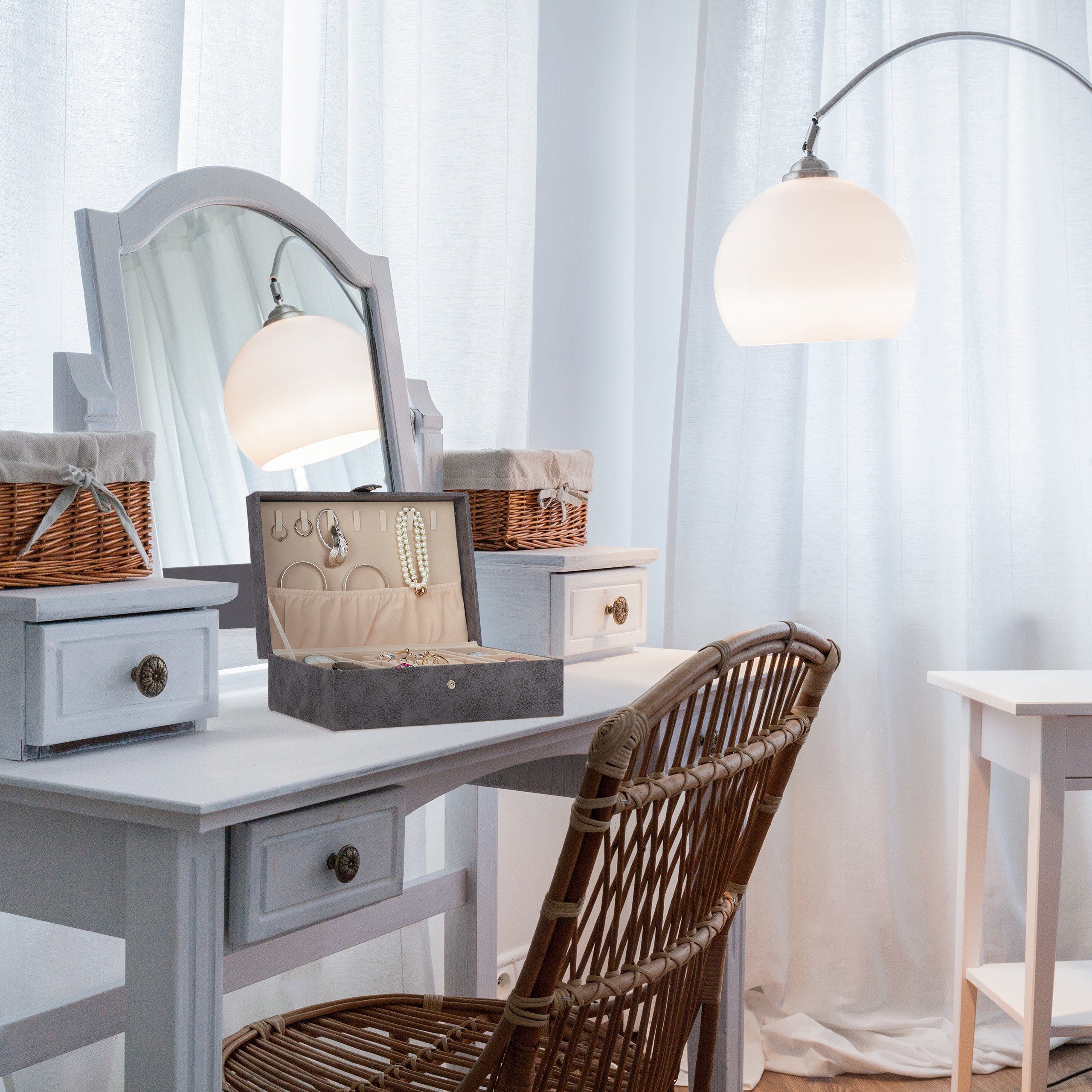 relaxdays Schmuckkasten Schmuckkästchen in Lederoptik, Grau