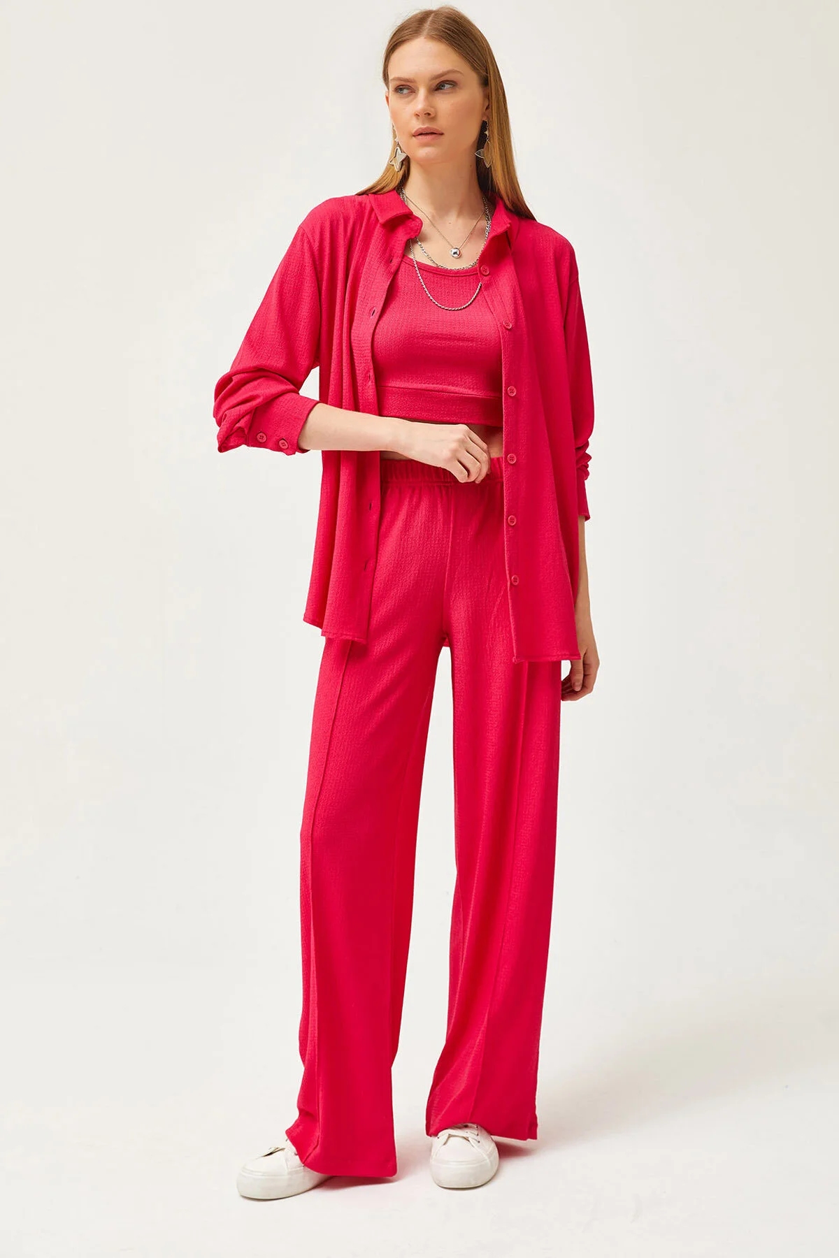 Olalook  Damen-Hemdblusen-Hosen-Set in Fuchsia, 3-teilig, TKM-19000270