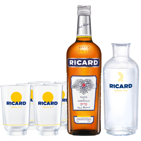 PACK RICARD + 6 VERRES ALLONGE LEHANNEUR RICARD NOUVEAU LOGO + 1 CARAFE