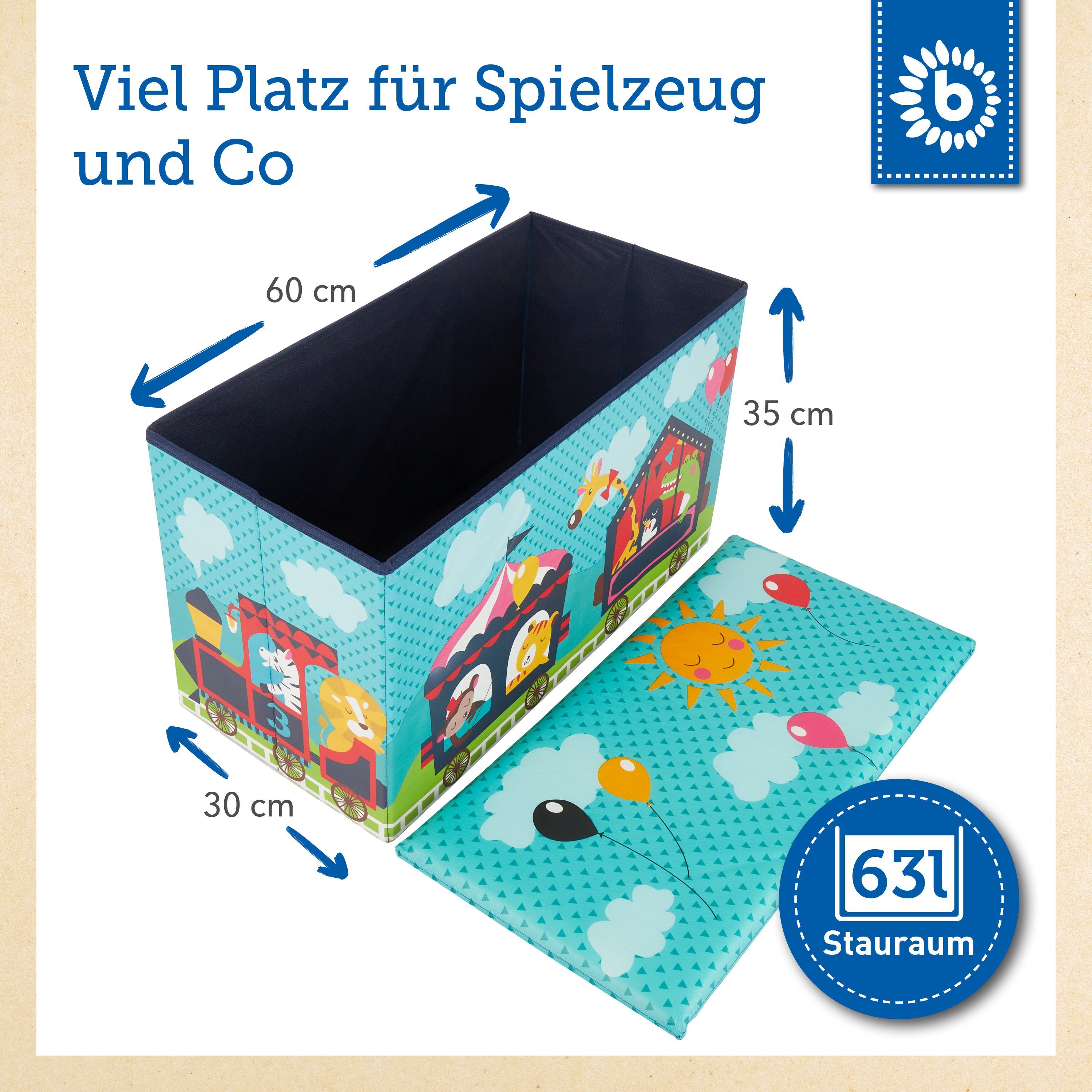 BIECO Spielzeugtruhe Bieco Aufbewahrungsbox mit Deckel 60L, faltbar ca. 60x30x35cm Spielzeugkiste mit Deckel Aufbewahrungsbox Kinder Kisten mit Deckel Aufbewahrungsbox Groß Wickeltisch Organizer Zirkus