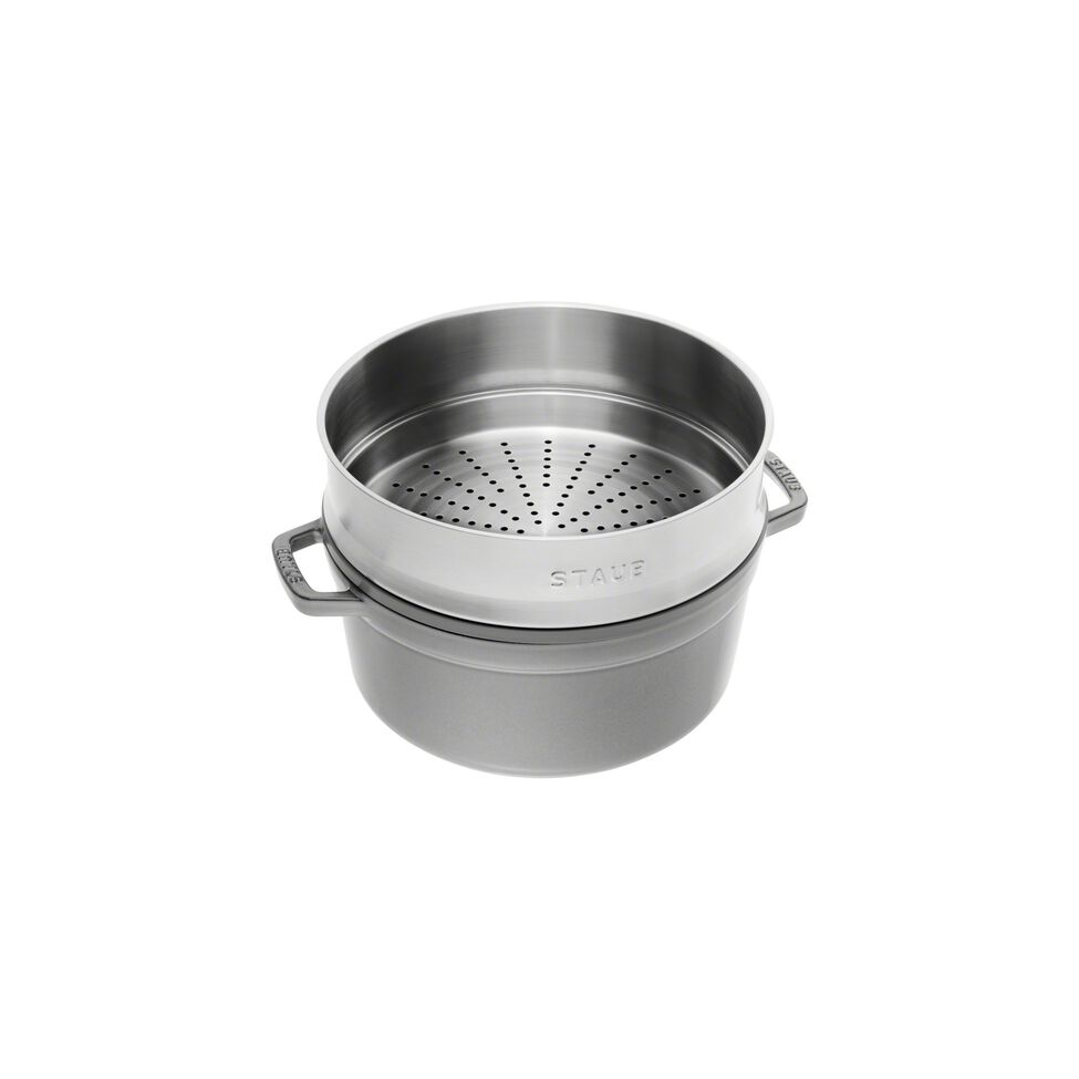 Cocotte mit Dämpfeinsatz 26 cm, rund, Graphit-Grau, Gusseisen