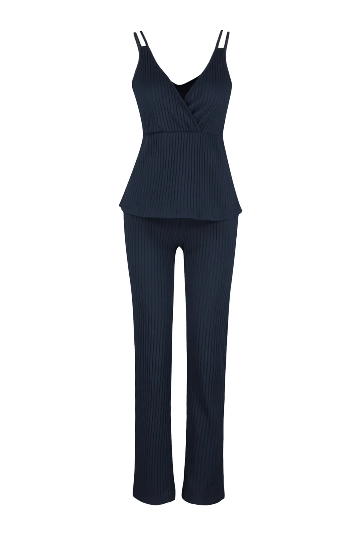 Trendyol Collection  Marineblaues Pyjama-Set aus geripptem Strick und Baumwollkordelzug THMSS21PT0125