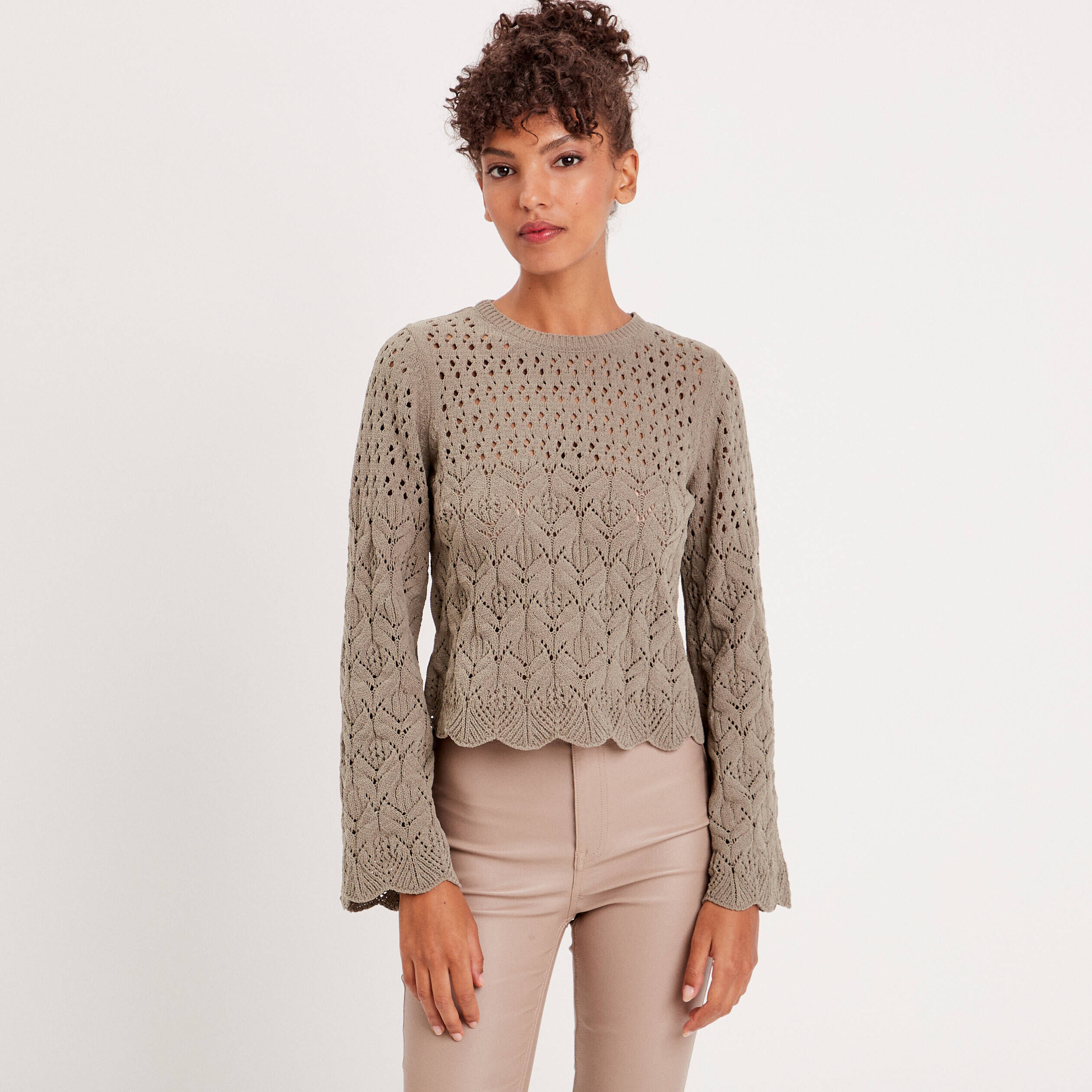 Pull ajouré avec bord festonné vert kaki femme | Cache Cache