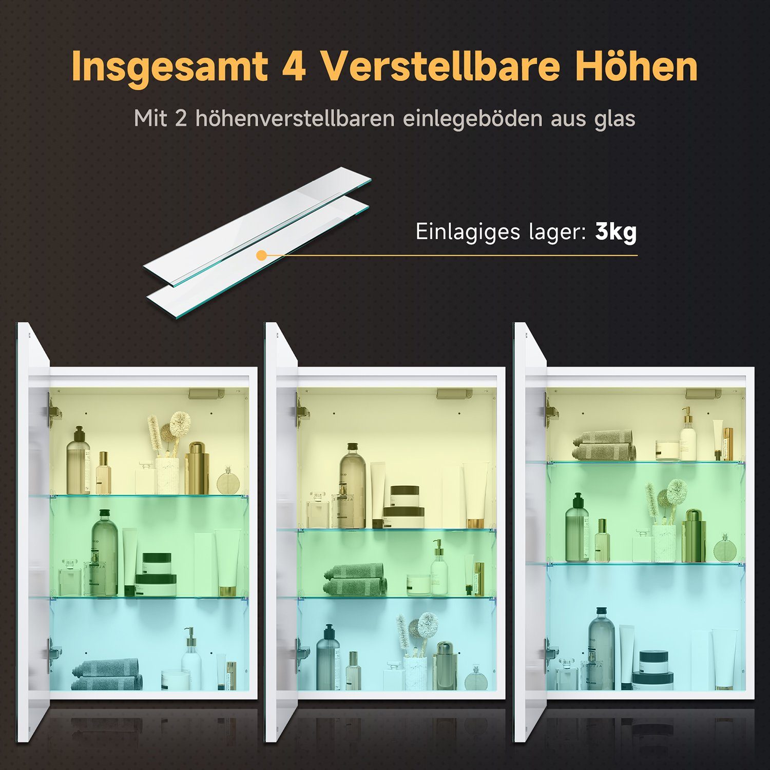 SONNI Badezimmerspiegelschrank Eintüriger dreifarbig beleuchteter Badspiegelschrank,380x600x140mm