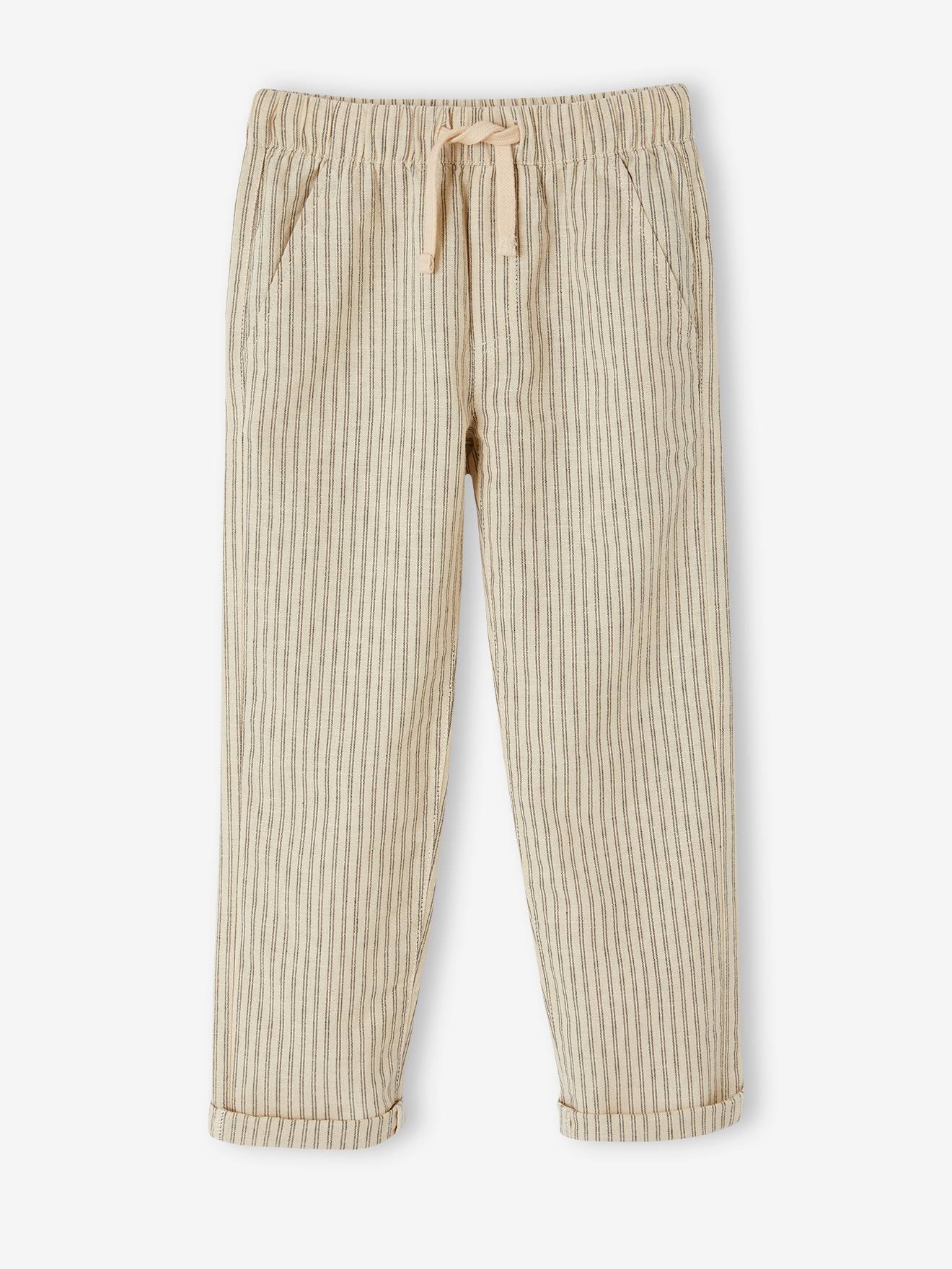 Vertbaudet Weite Jungen Hose mit Streifen, Leinen-Mix - beige gestreift