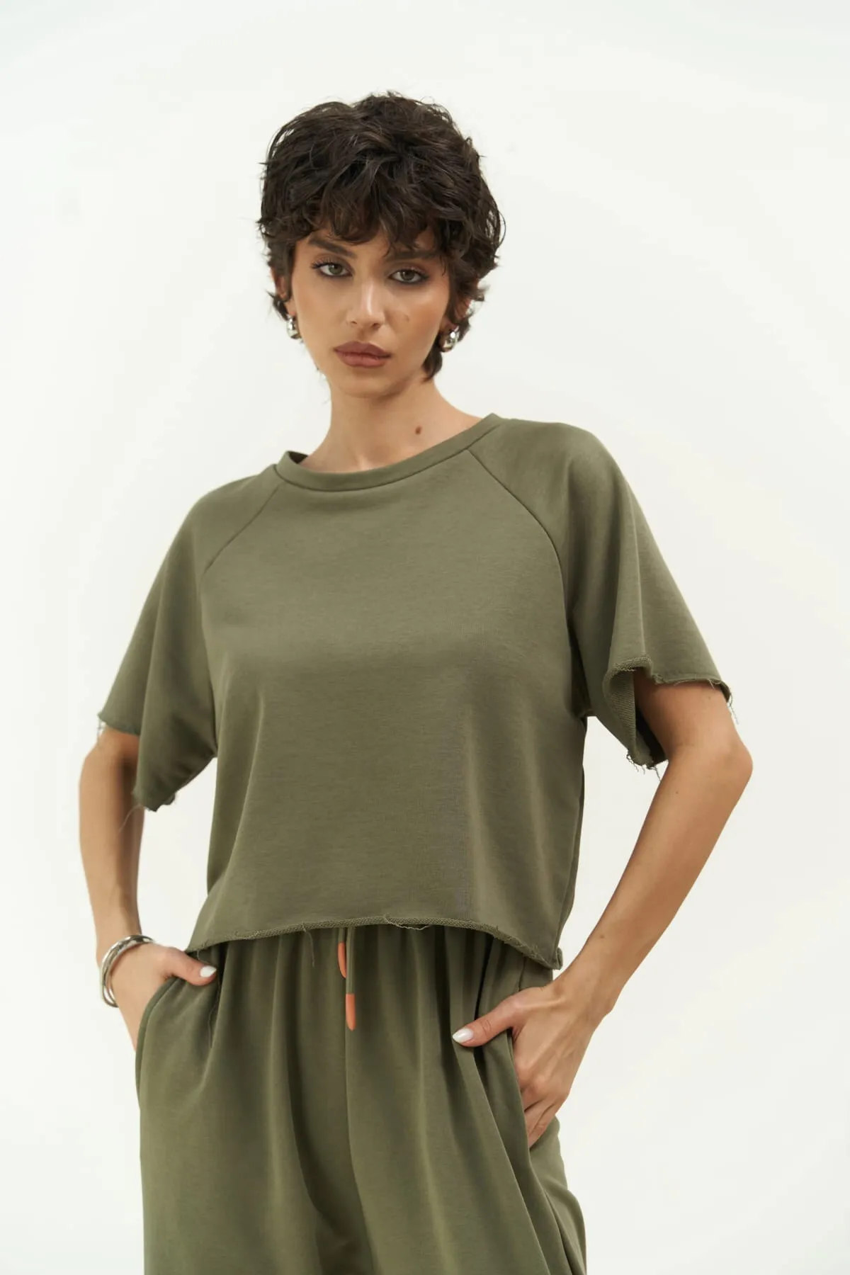 MAİ COLLECTİON  Vero Soft Khaki Crop-Trainingsanzug-Set