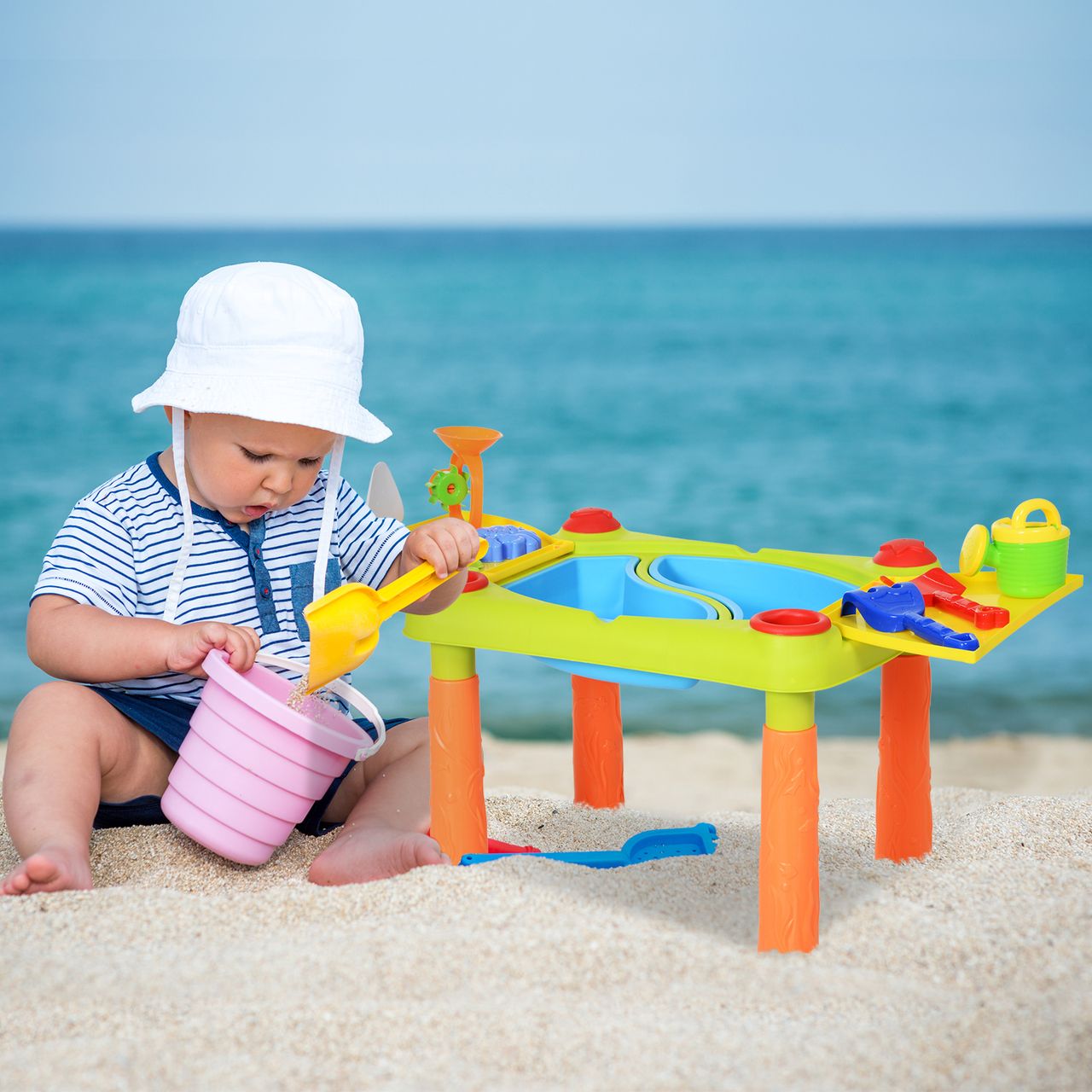 HOMCOM Kinder Sandspielzeug, Sandkastentisch mit 16-tlg. Zubehör, Spieltisch, Strandspielzeug, ab 3 Jahren, PP, 99,5 x 49 x 48 cm