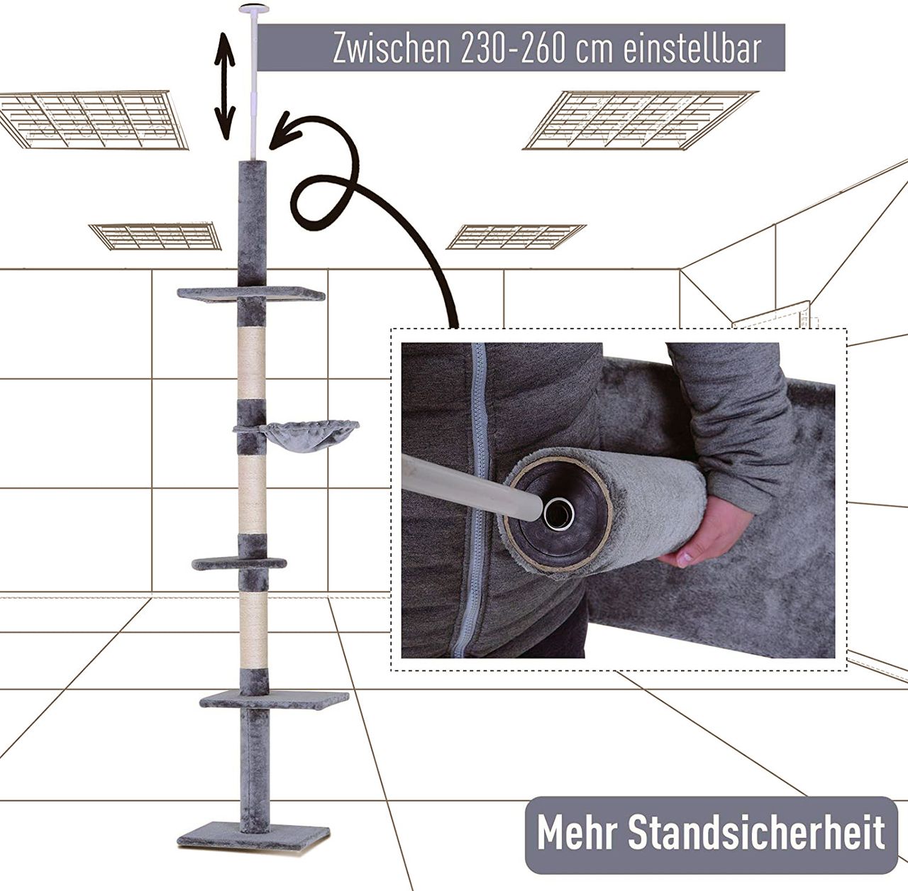 PawHut Katzenbaum, Kratzbaum mit Sisalsäulen, Katzenkratzbaum, Katzen Kletterbaum, Deckenhoch höhenverstellbar, Grau, 40 x 34 x 230-260 cm