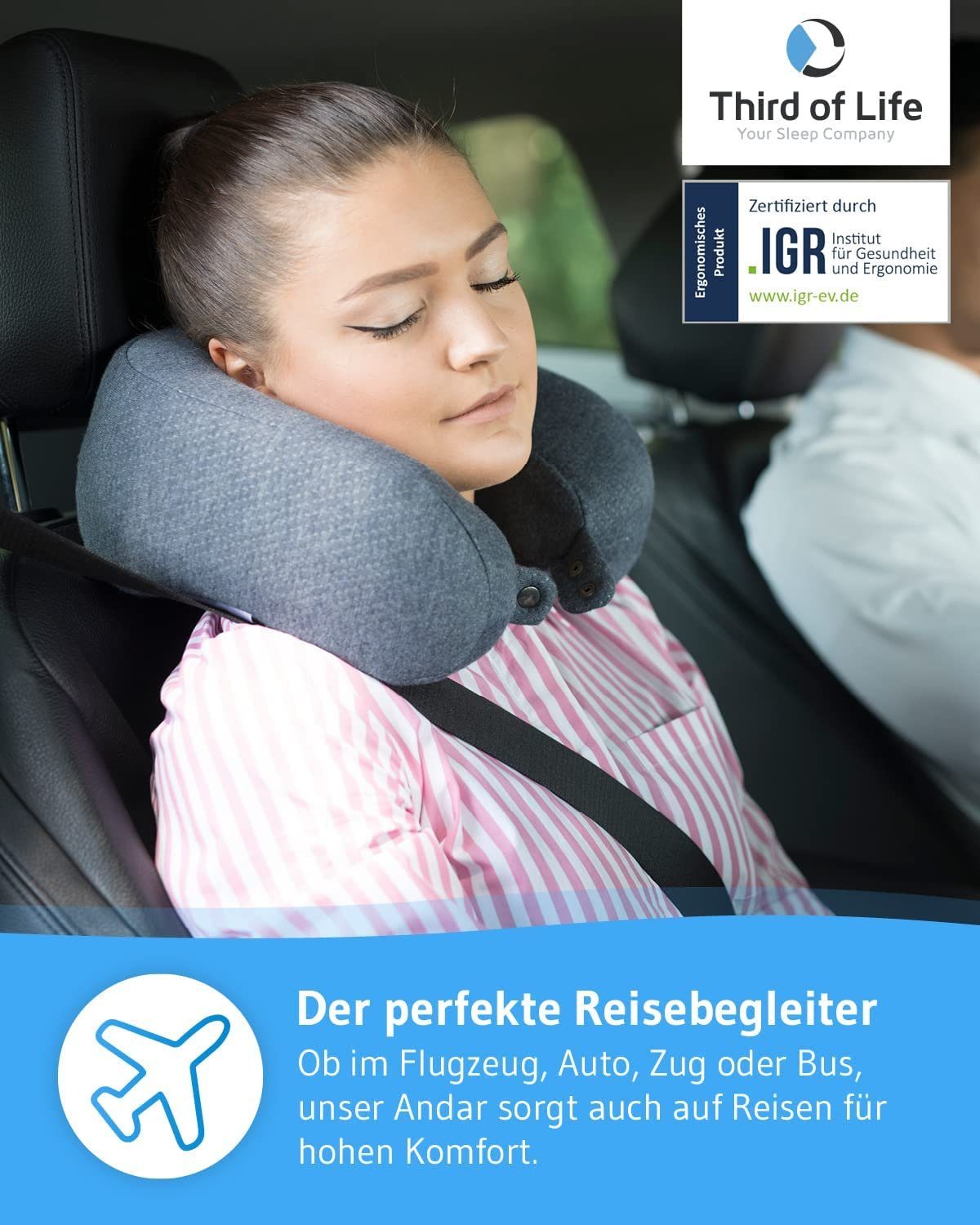 Third of Life Nackenhörnchen Nackenkissen ANDAR aus Visco Schaum, Ergonomisches Reisekissen mit Thermo-Bezug, Für Allergiker geeignet