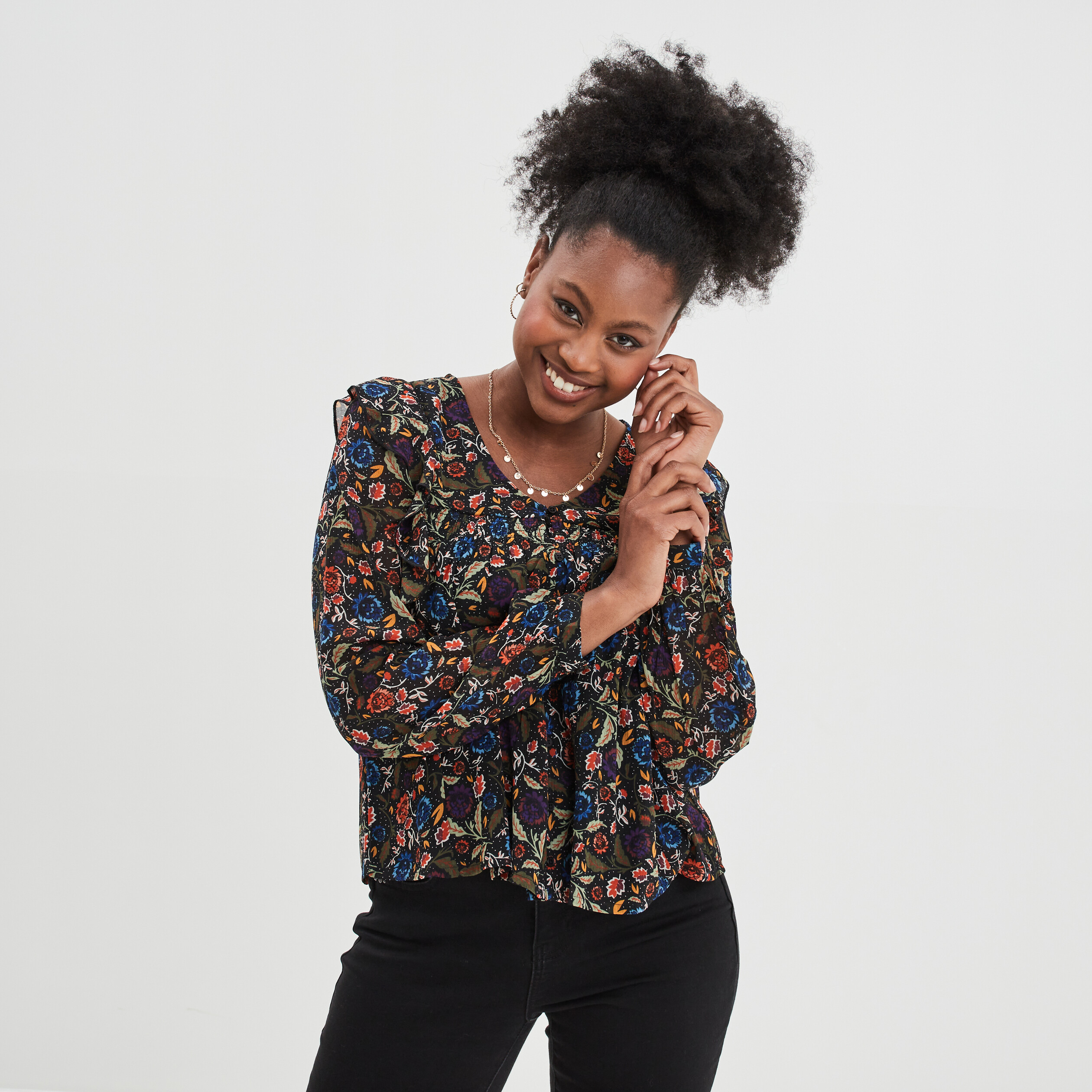 Blouse col en V à volants multicolore femme | La Halle