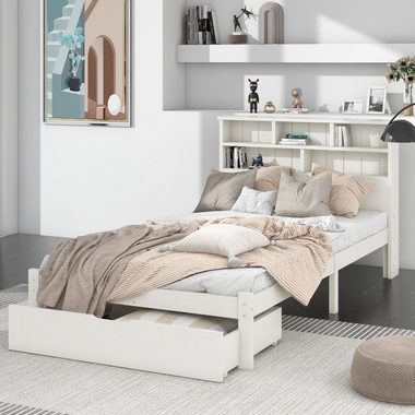 OKWISH Massivholzbett Kinderbett (90x200cm Weiß), mit Schubladen und Lattenrost,Bücherregal