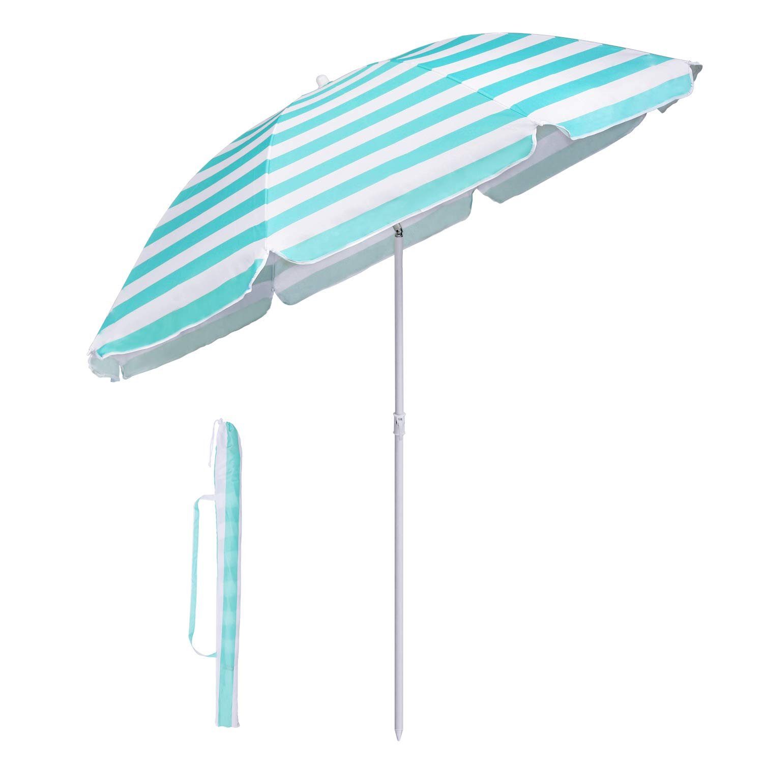 Sekey Balkonschirm Rund Terrassenschirm Strandschirm mit Schutzhülle Sonnenschirm 160 cm, Höhe verstellbar, Um 30° knickbar, Gestreift