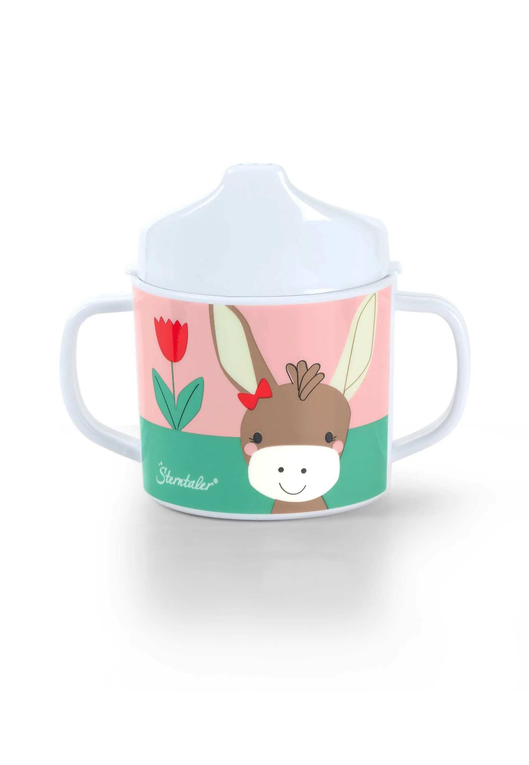 Henkeltasse Esel Emmily mit Trinkaufsatz, Hellrot