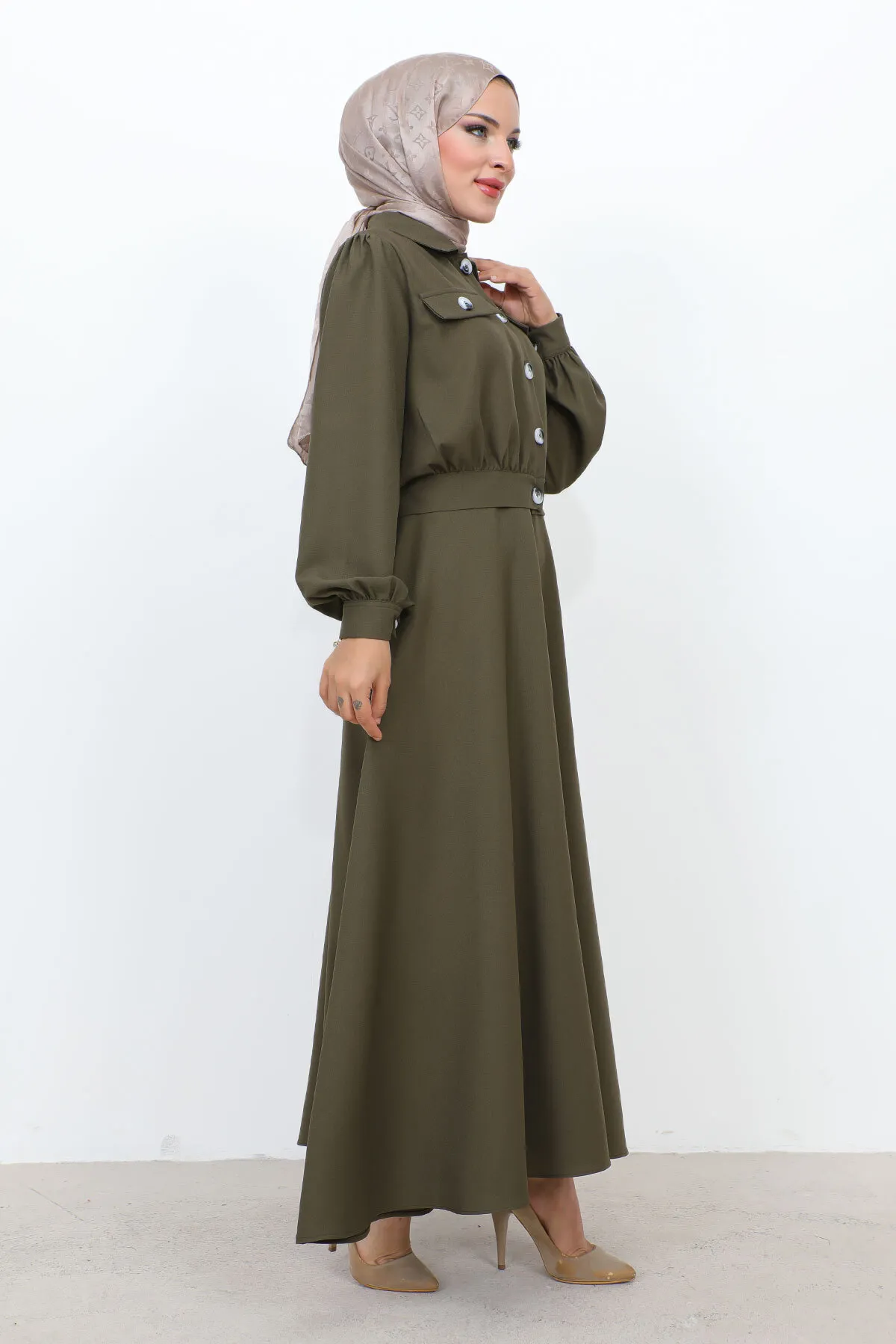 Tesettür Dünyası  Anzug mit geraffter Taille und Taschenrock TSD231201 Khaki