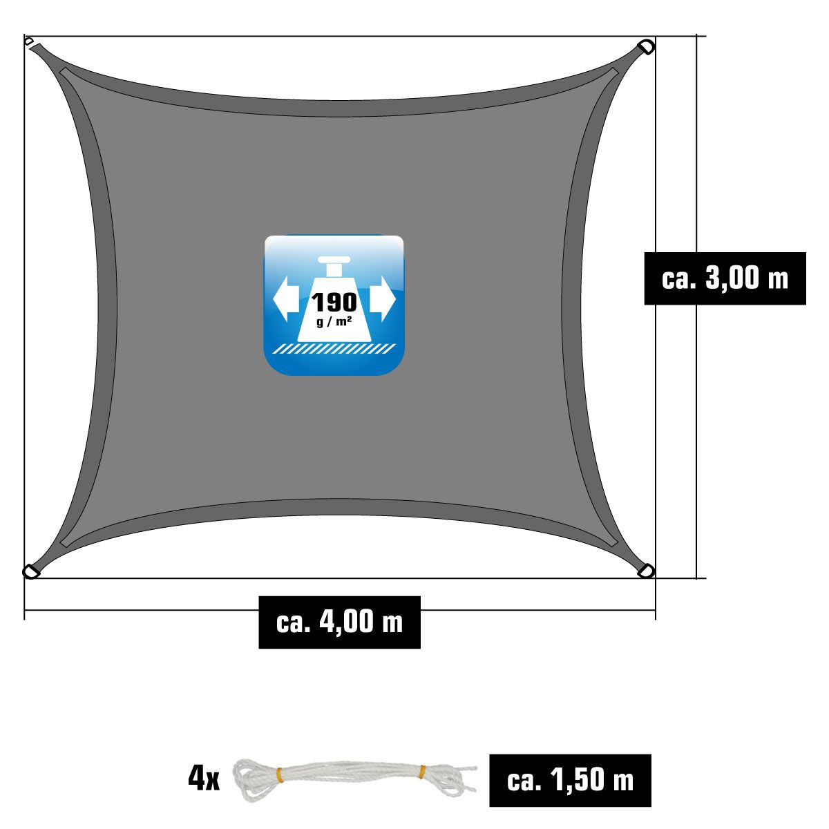AMANKA 3 x 4 Wasserdichtes Sonnensegel mit Befestigung