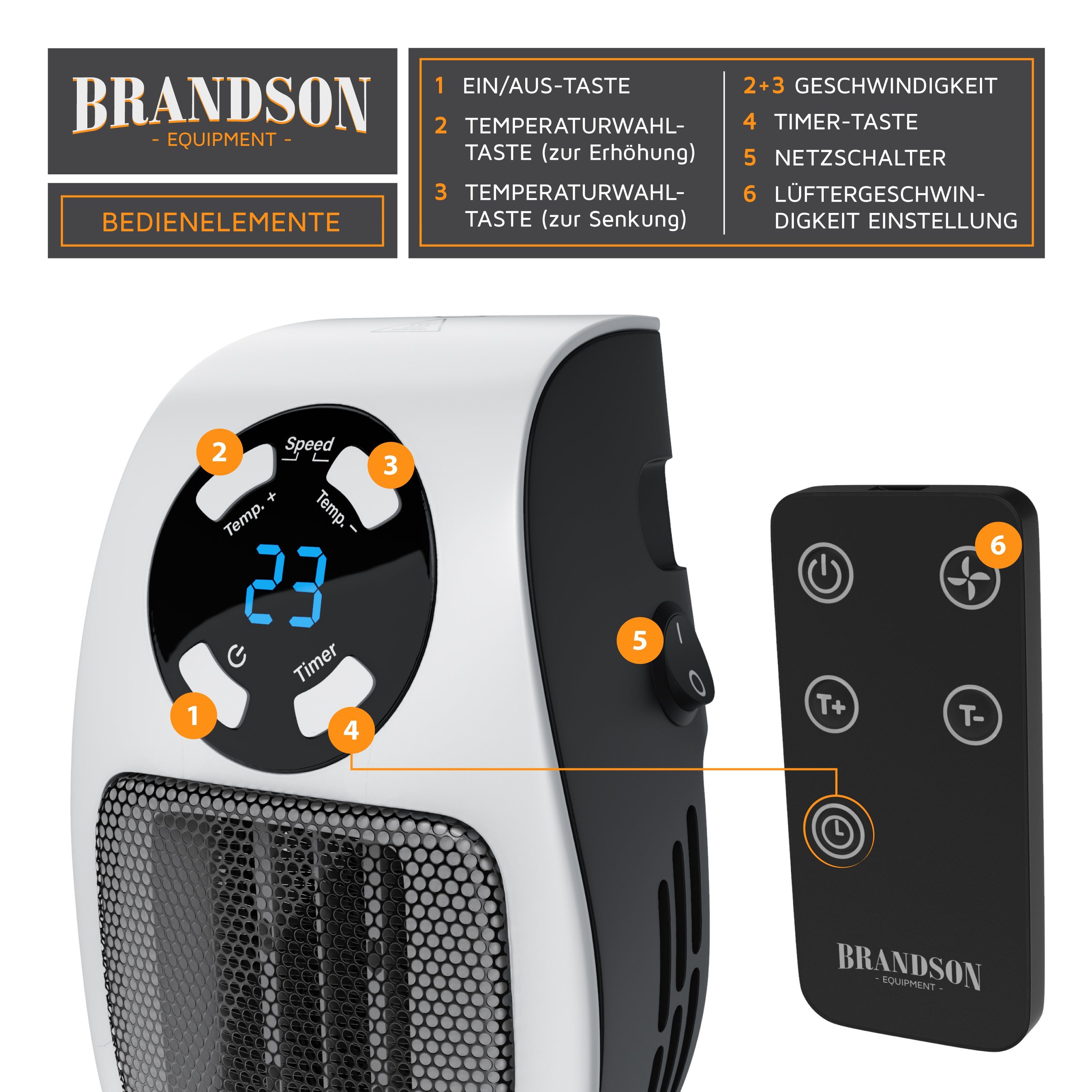Brandson Keramikheizlüfter, 500 W, Steckdosen Mini Keramikheizgerät mit Temperaturregelung, Fernbedienung