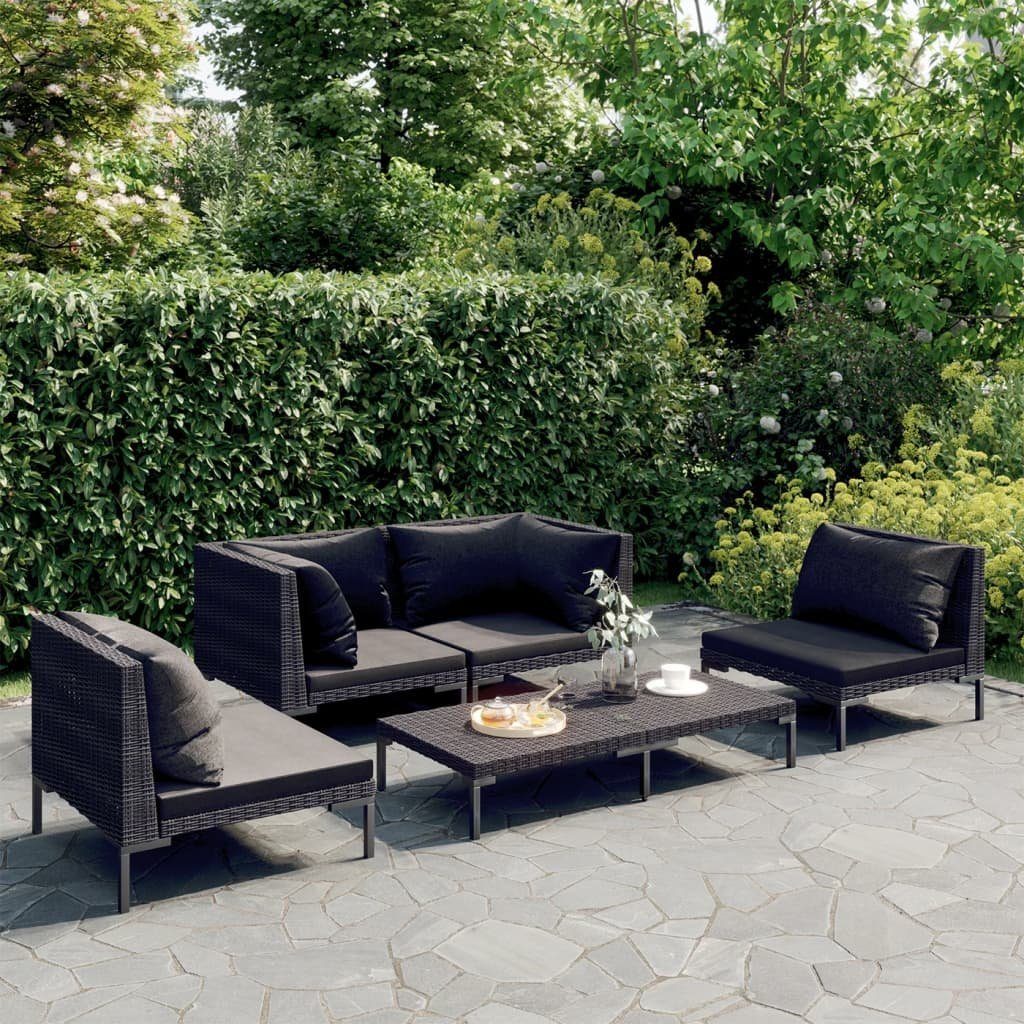 vidaXL Gartenlounge-Set 5-tlg. Garten-Lounge-Set mit Kissen Poly Rattan Dunkelgrau, (1-tlg)