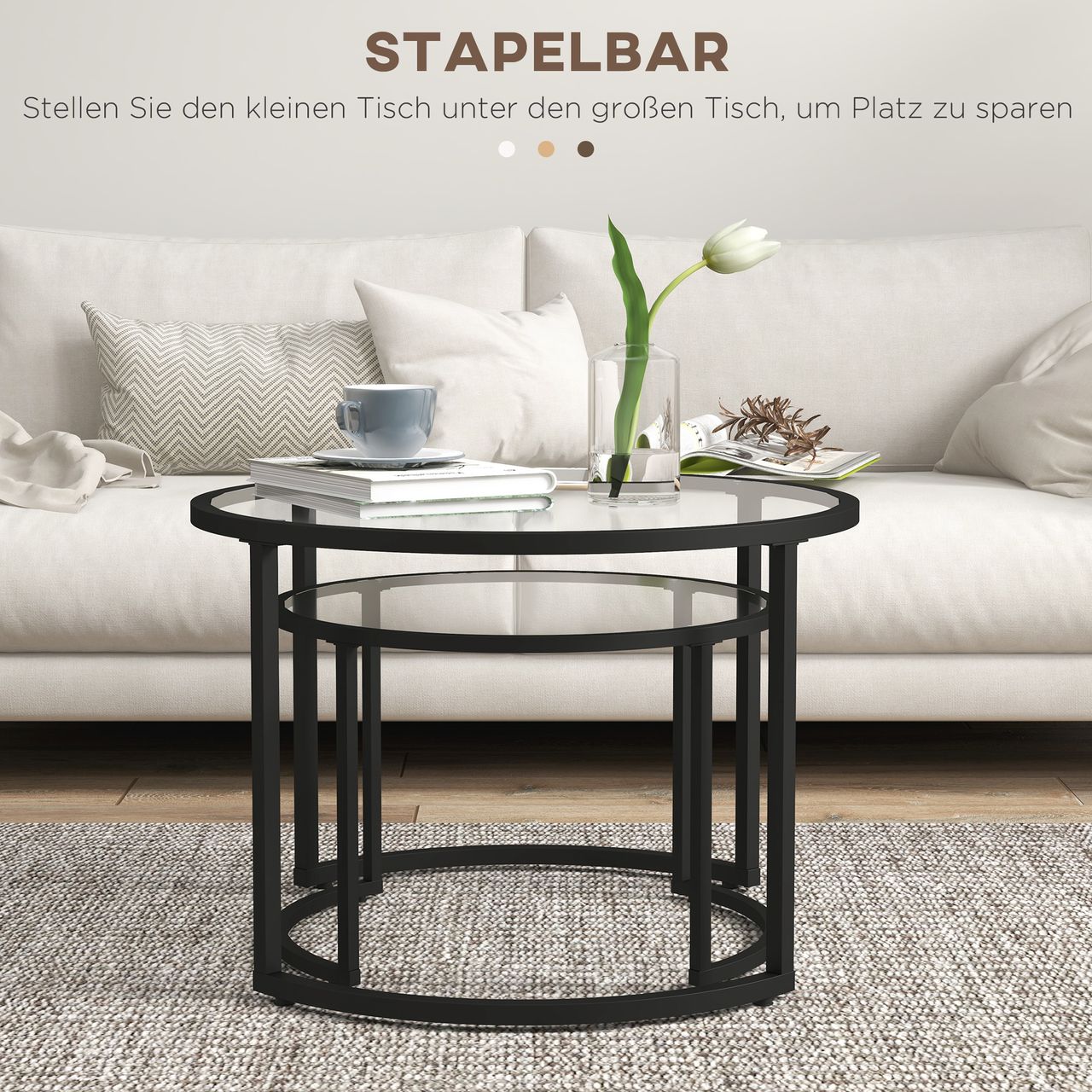 HOMCOM Couchtisch 2er-Set, Beistelltisch mit Stahlgestell, Kaffeetisch, Schwarz