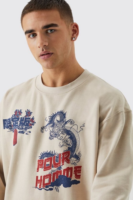 Oversize Sweatshirt mit Pour Homme Drachen Print