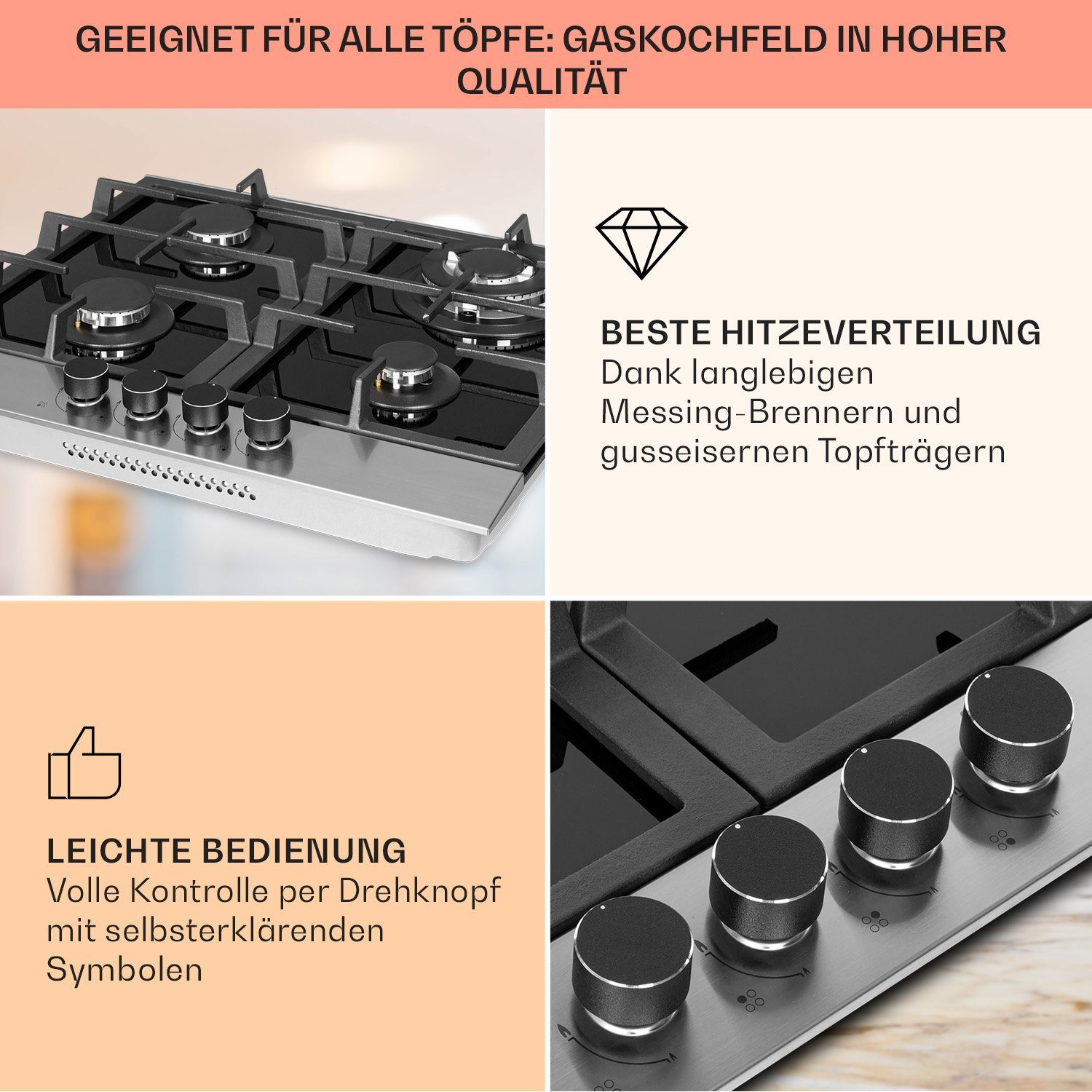Klarstein Gas-Kochfeld Alchemist 4 Zonen Gaskochfeld Aluminium-Brenner Glaskeramik schwarz CP11-Alchemist-4, 4 flammen brenner Kochfelder Gaskochfelder
