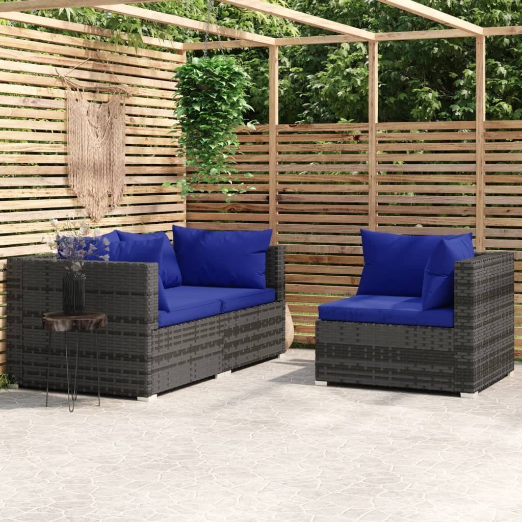 vidaXL Loungesofa 3-tlg. Garten-Lounge-Set mit Kissen Grau Poly Rattan, 1 Teile