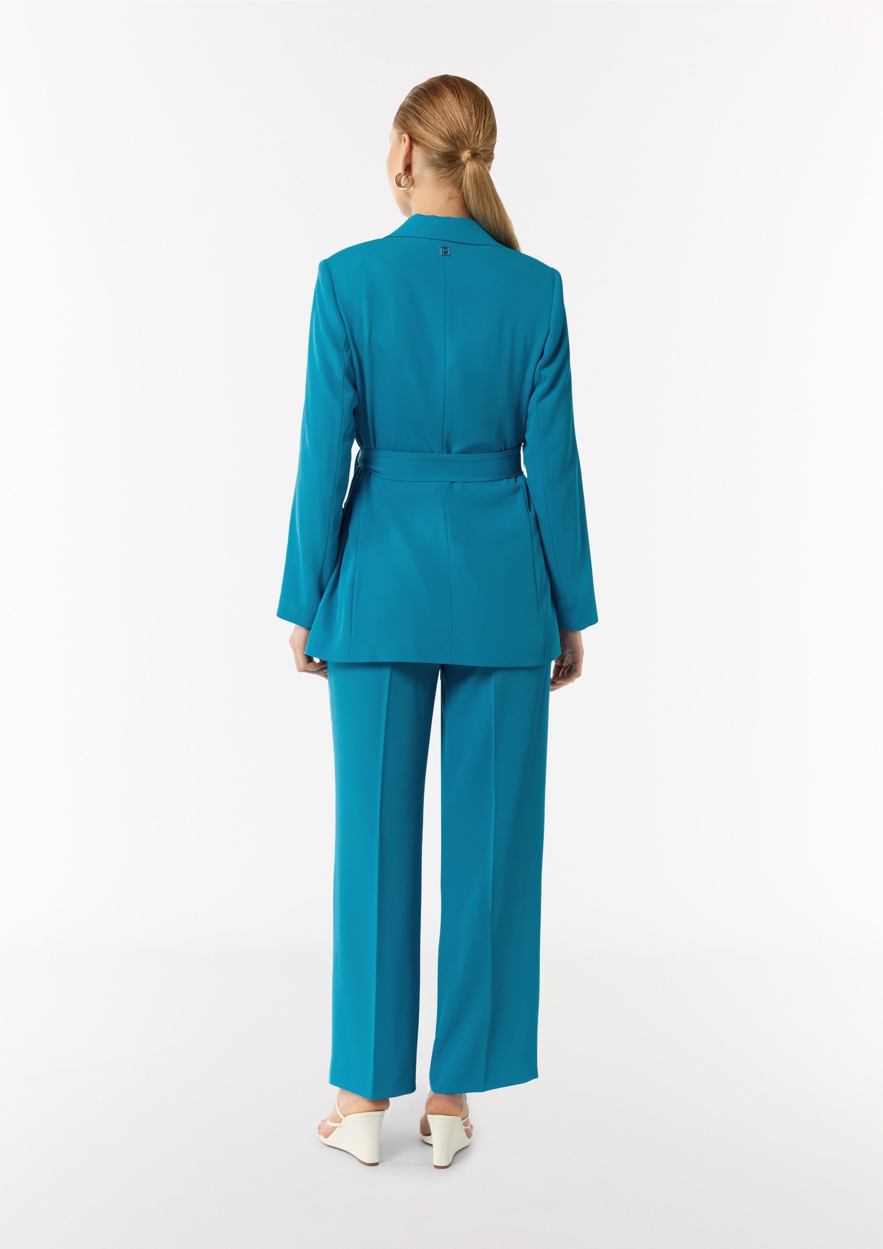Fließender Longblazer mit Bindegürtel - ozeanblau