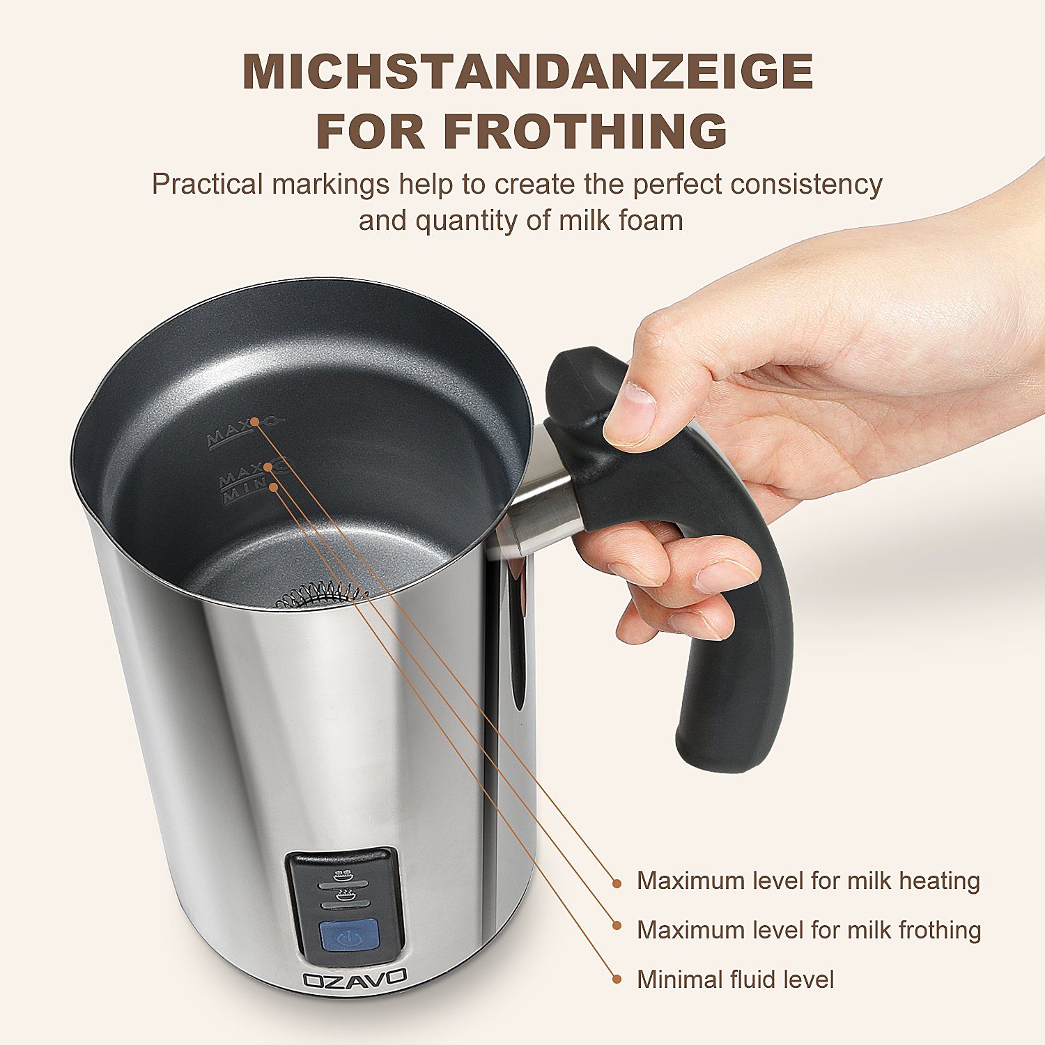 OZAVO Milchaufschäumer MMF-003, 500 W, antihaftbeschichtet 240ml Kapazität